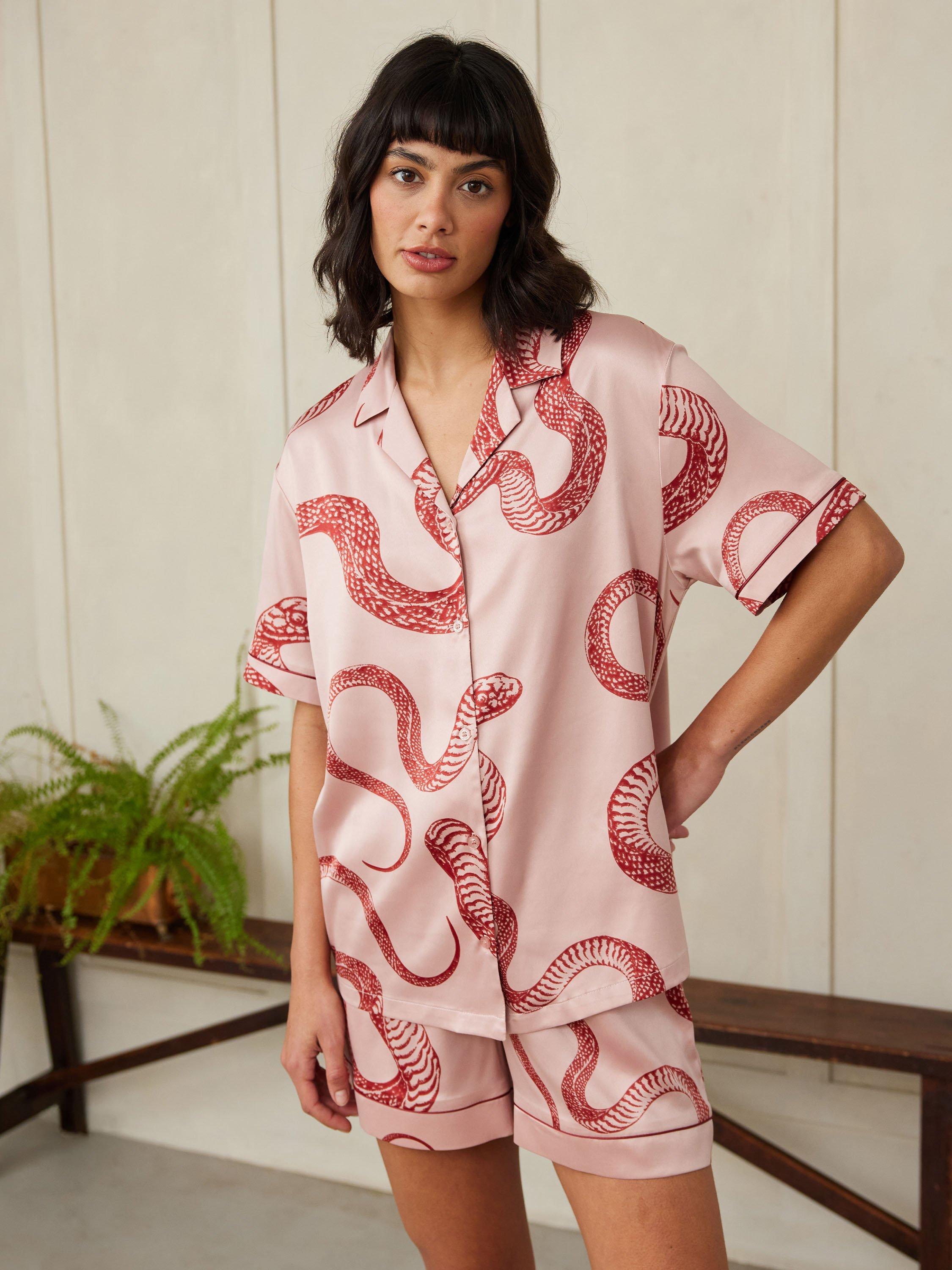 Product image 7 of 10, which shows Chelsea Peers Snake Print Satin Shorty Pyjama Set, Pink, 6