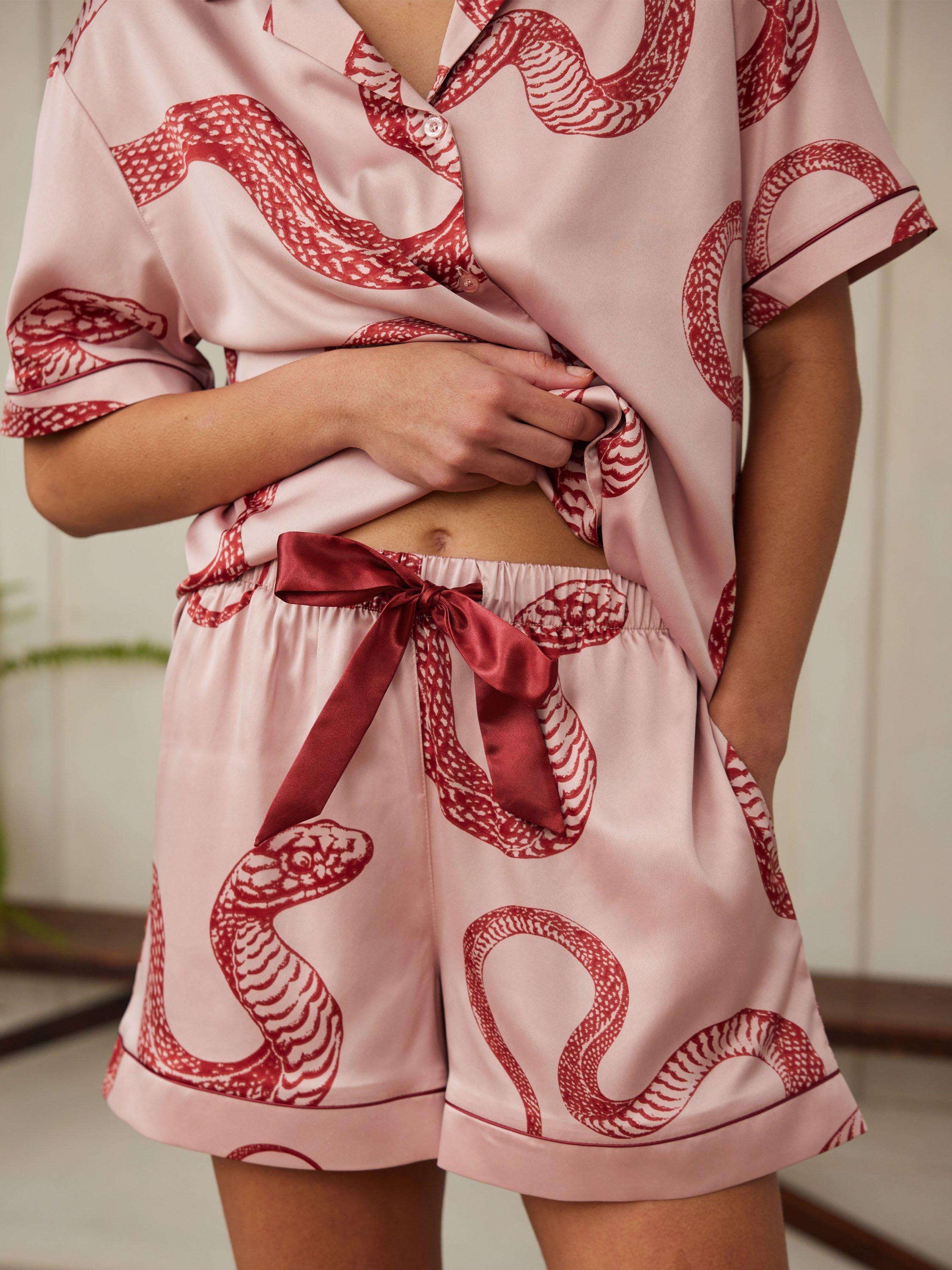 Product image 8 of 10, which shows Chelsea Peers Snake Print Satin Shorty Pyjama Set, Pink, 6