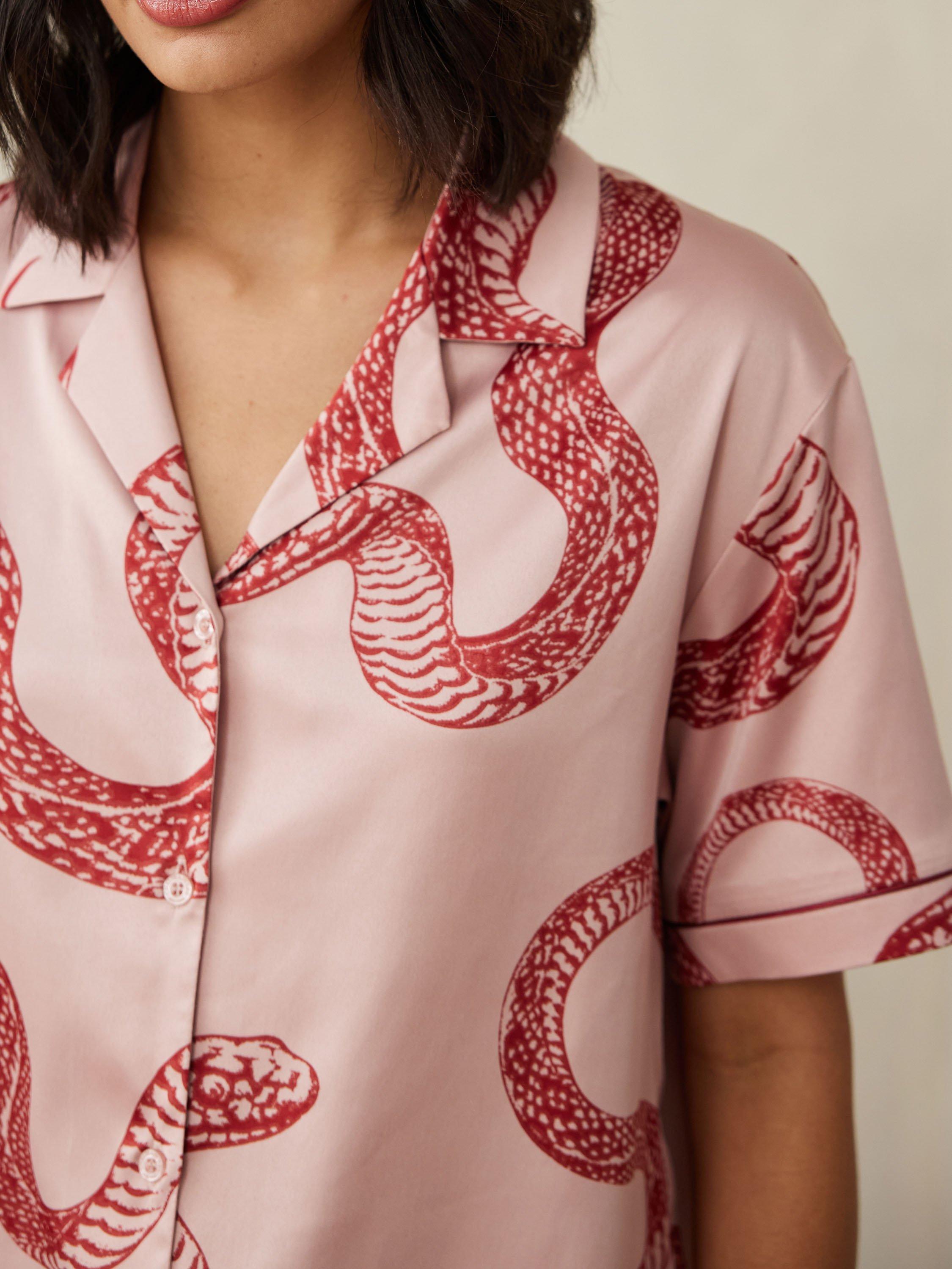 Product image 10 of 10, which shows Chelsea Peers Snake Print Satin Shorty Pyjama Set, Pink, 6