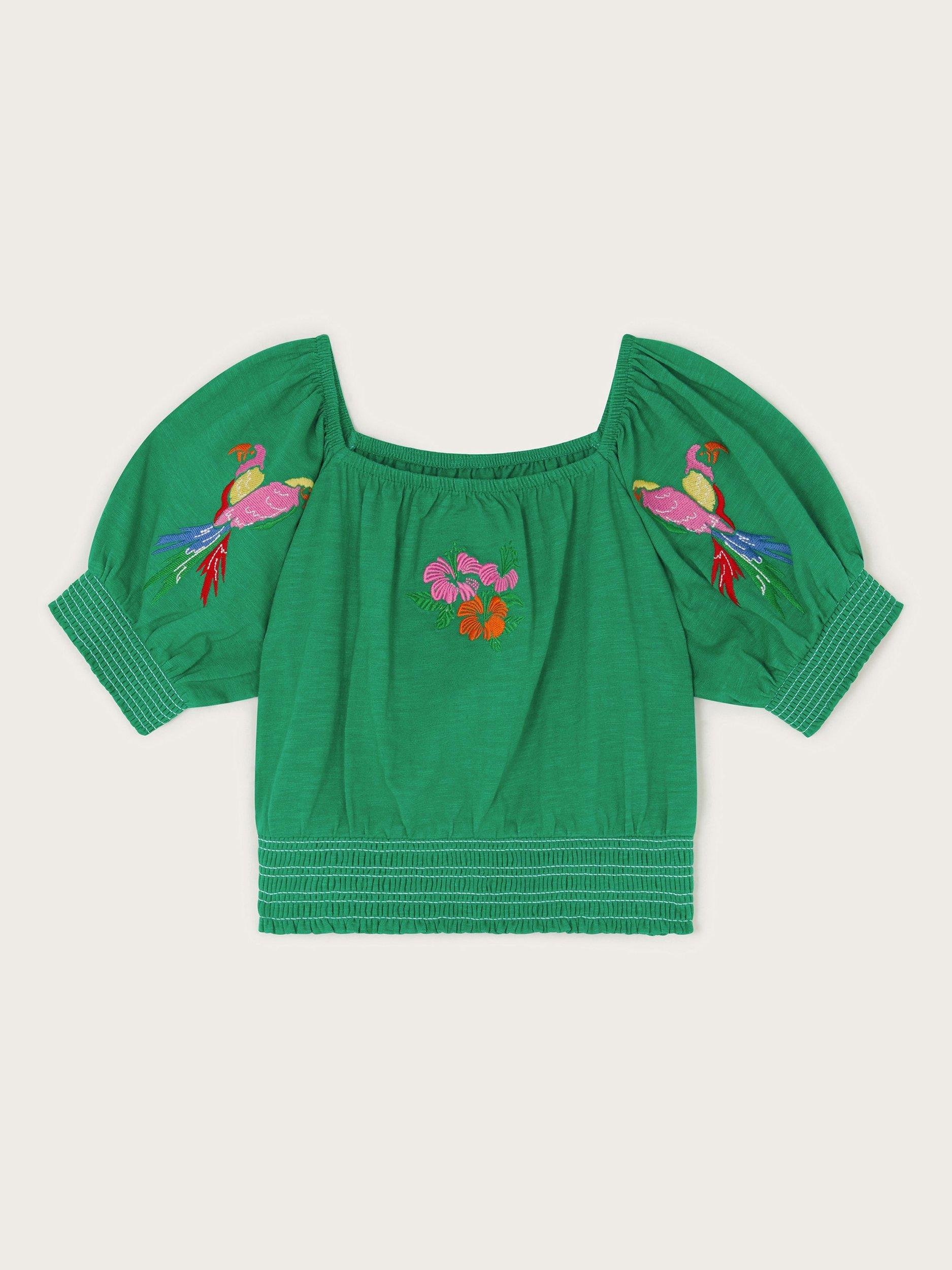 Product image 2 of 4, which shows Monsoon Kids' Cotton Embroidered Parrot T-Shirt, Green, 3-4 years