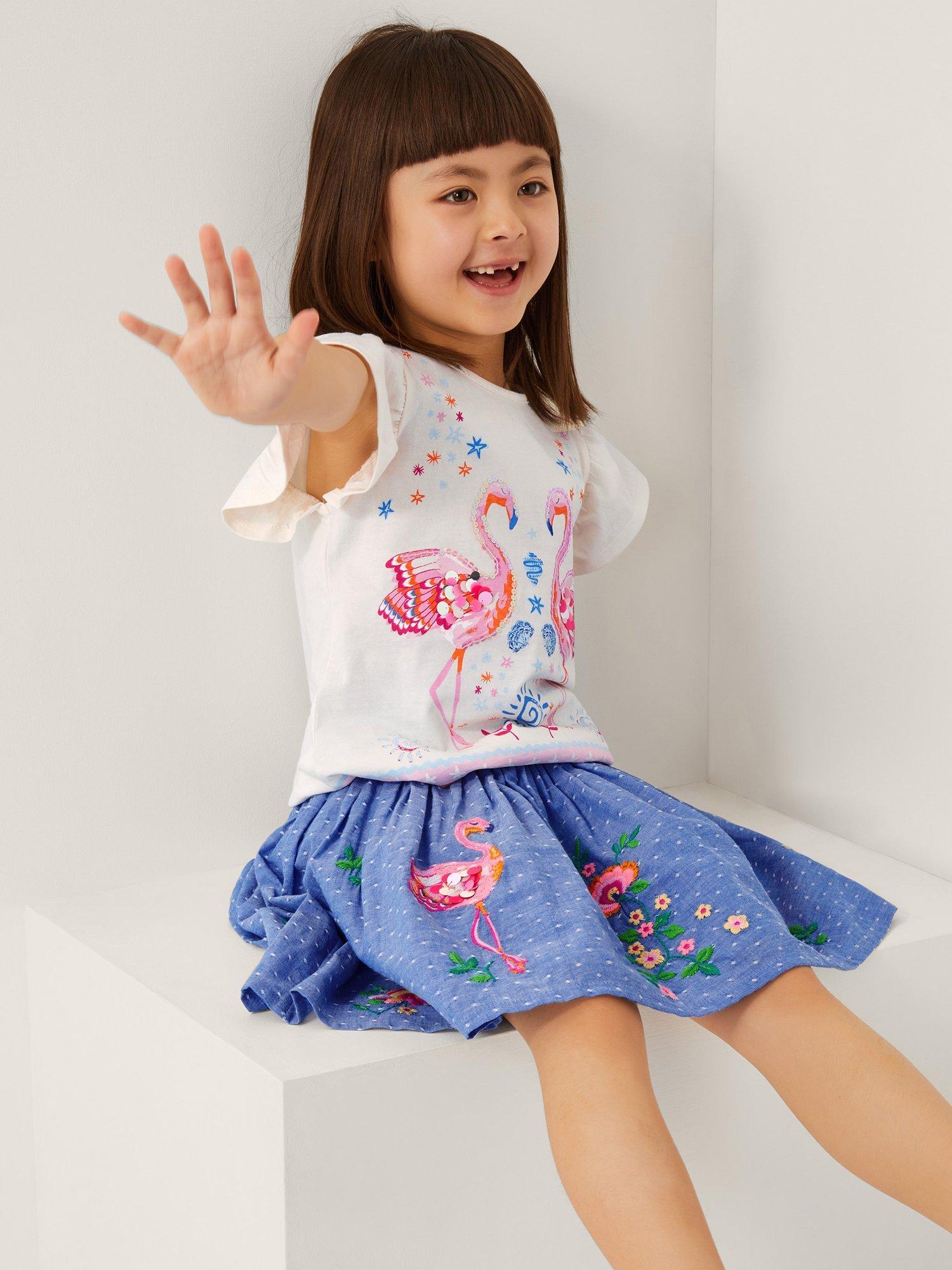 Product image 1 of 4, which shows Monsoon Kids' Frilly Sequin T-Shirt, Blue, 3-4 years