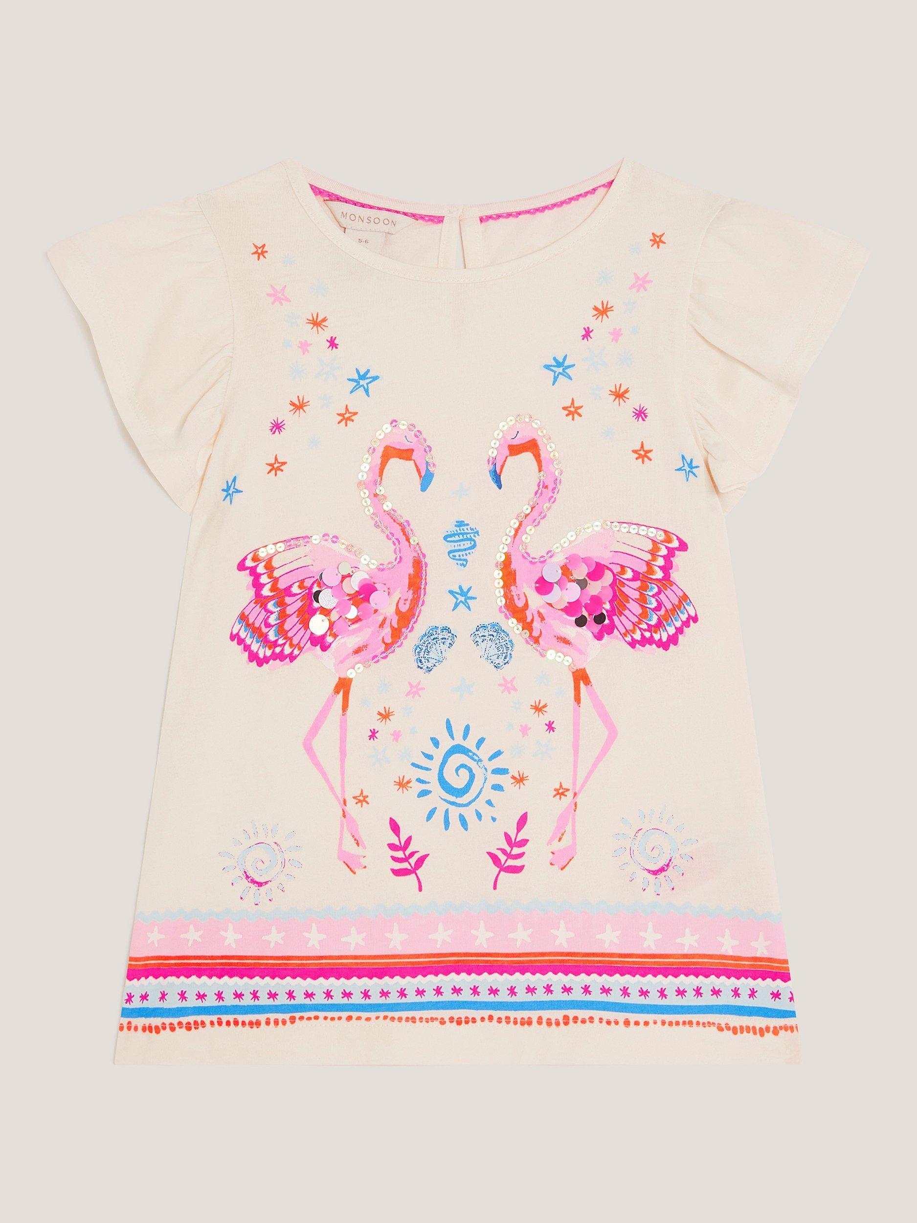 Product image 2 of 4, which shows Monsoon Kids' Frilly Sequin T-Shirt, Blue, 3-4 years