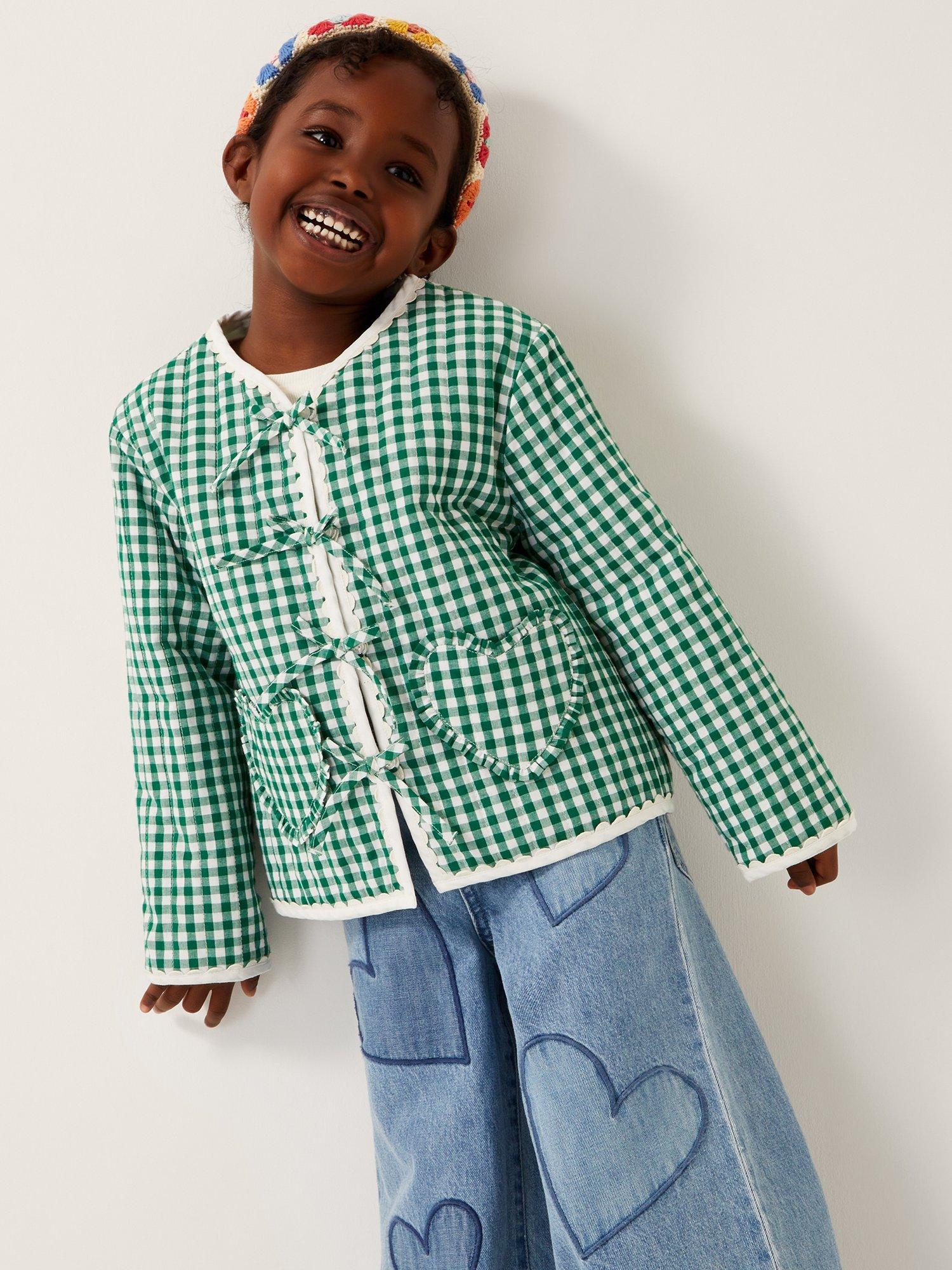 Product image 1 of 4, which shows Monsoon Kids' Cotton Gingham Tie Jacket, Green, 5-6 years