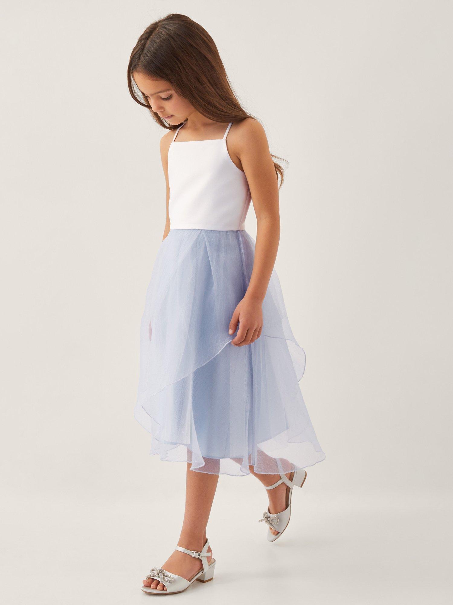 Product image 1 of 4, which shows Monsoon Kids' Peony Party Dress, Pale Blue, 3 years