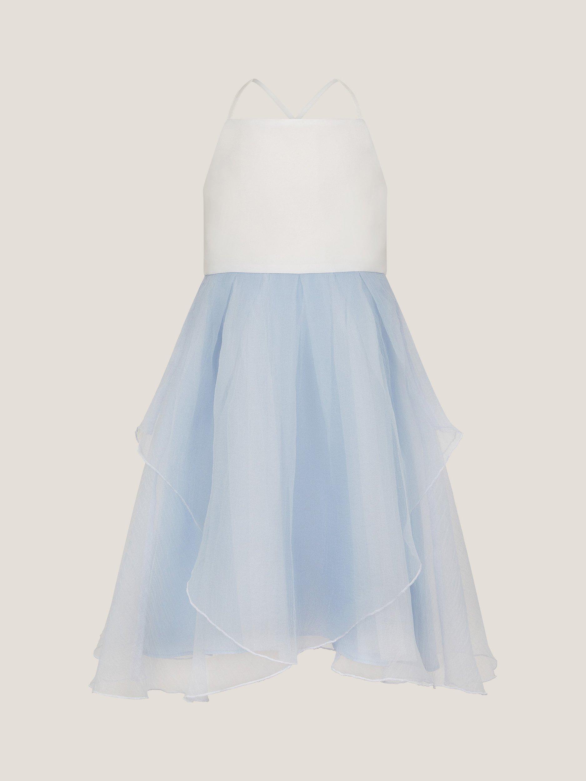 Product image 2 of 4, which shows Monsoon Kids' Peony Party Dress, Pale Blue, 3 years