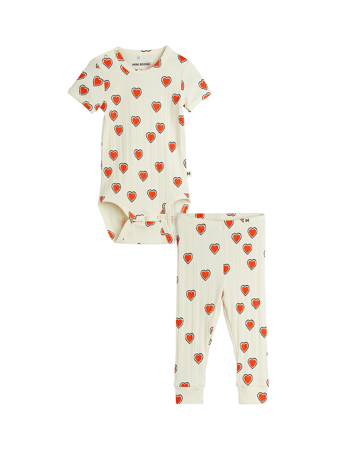 Product image 1 of 4, which shows Mini Rodini Baby Outlined Hearts Bodysuit and Leggings Set, Off White, 1-4 months
