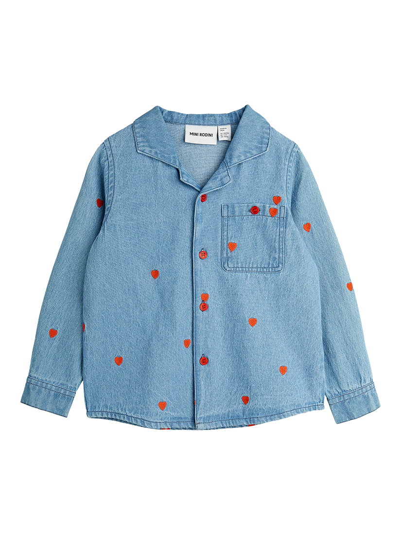 Product image 1 of 4, which shows Mini Rodini Kids' Heart Woven Denim Shirt, Blue, 18-36 months