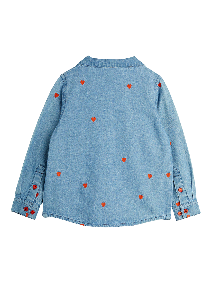 Product image 2 of 4, which shows Mini Rodini Kids' Heart Woven Denim Shirt, Blue, 18-36 months