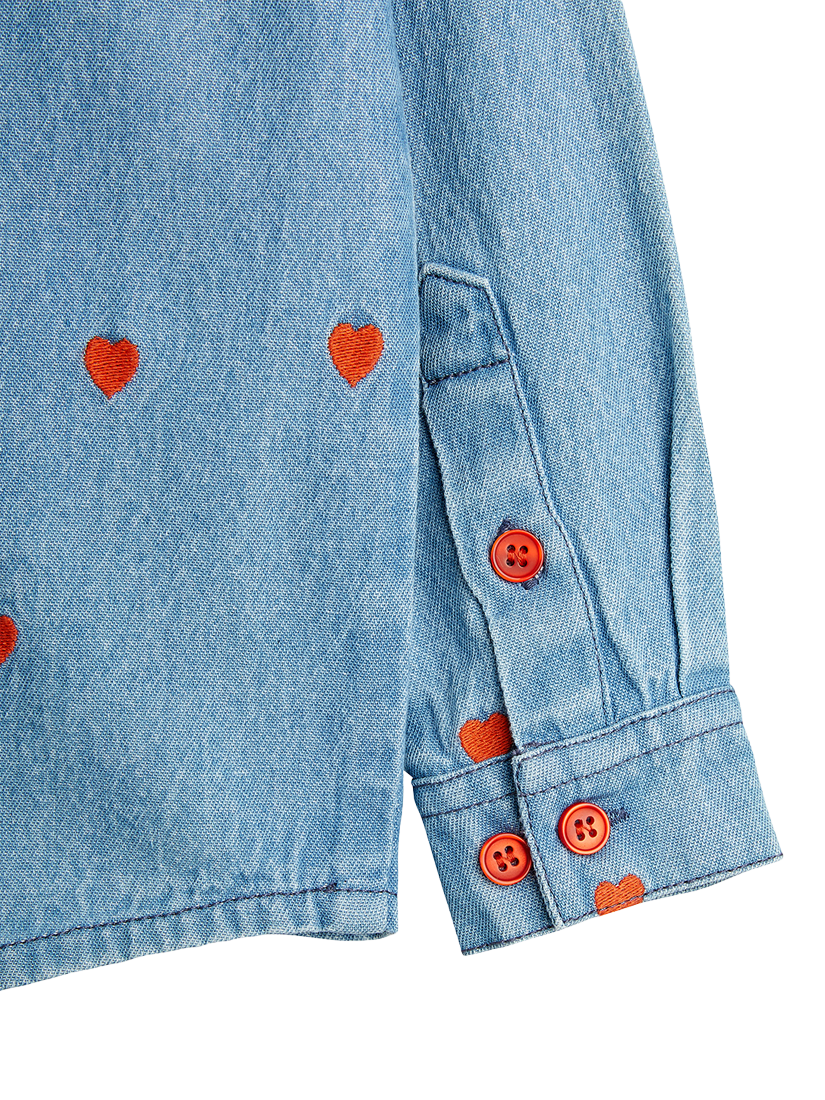 Product image 3 of 4, which shows Mini Rodini Kids' Heart Woven Denim Shirt, Blue, 18-36 months