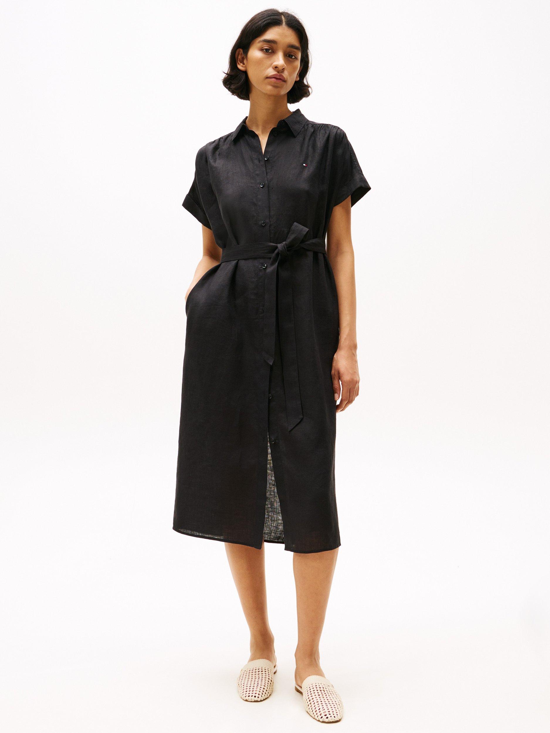 Product image 1 of 5, which shows Tommy Hilfiger Logo Pure Linen Shirt Dress, Black, 6
