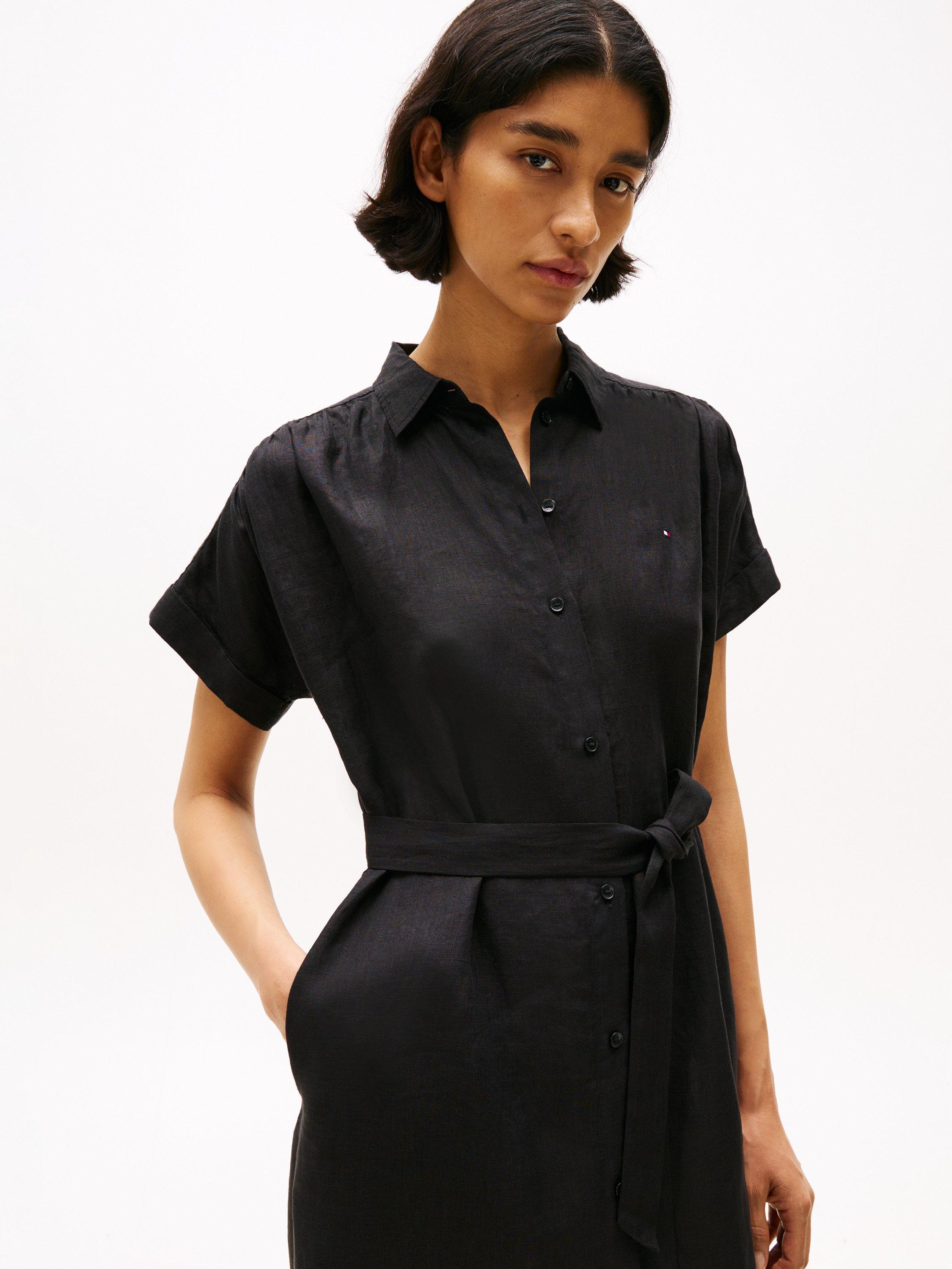 Product image 3 of 5, which shows Tommy Hilfiger Logo Pure Linen Shirt Dress, Black, 6