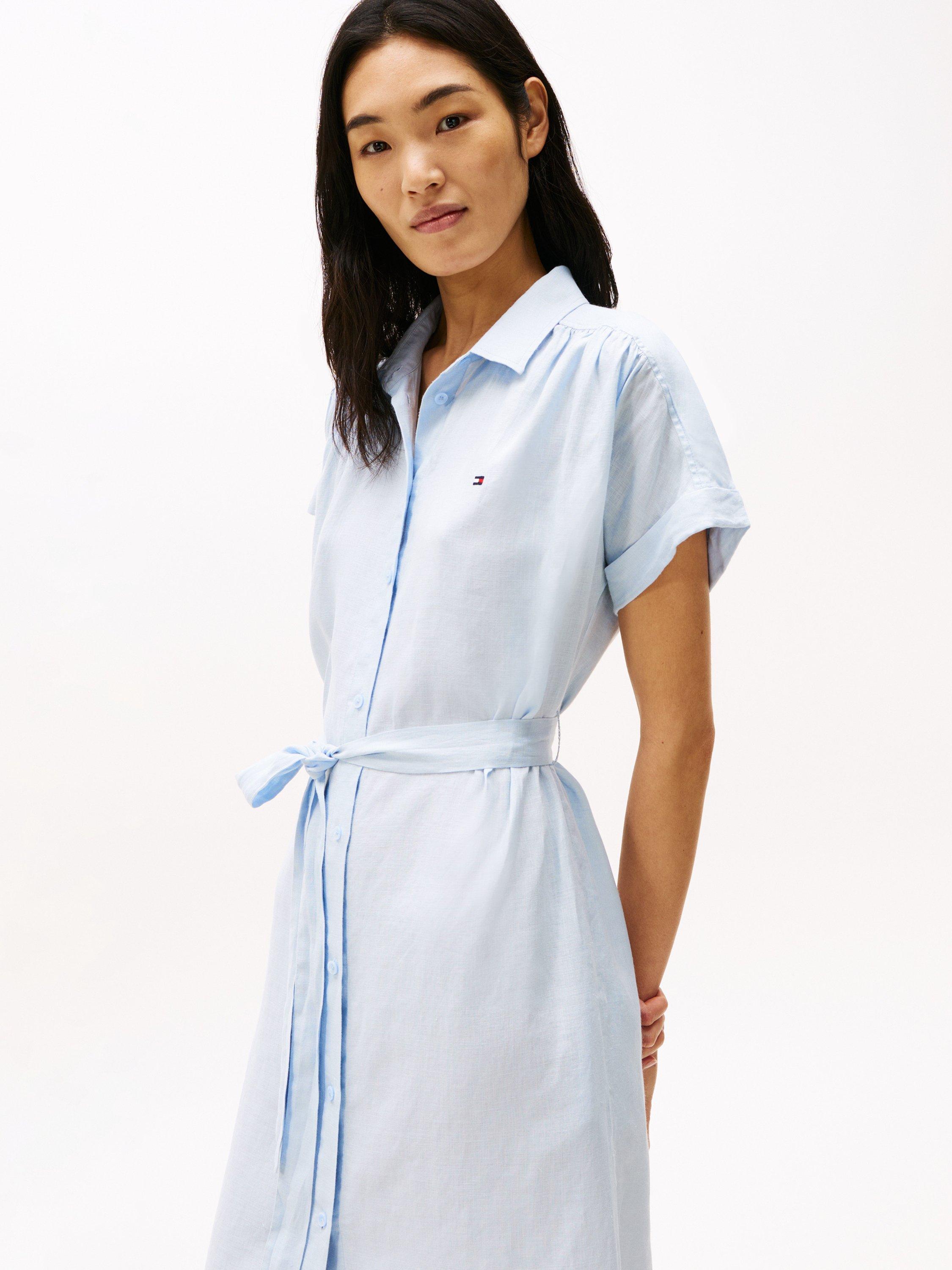 Product image 3 of 5, which shows Tommy Hilfiger Logo Pure Linen Shirt Dress, Breezy Blue, 6