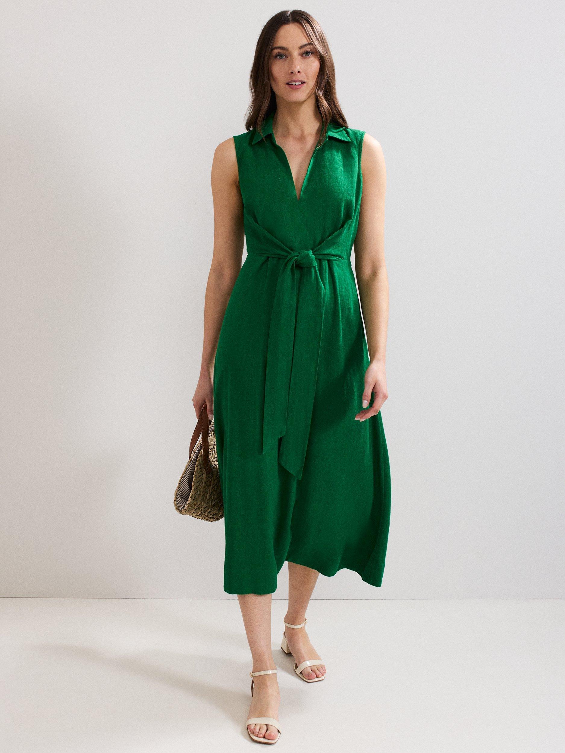 Product image 1 of 7, which shows Phase Eight Becky Linen Blend Sleeveless Midi Dress, Green, 6