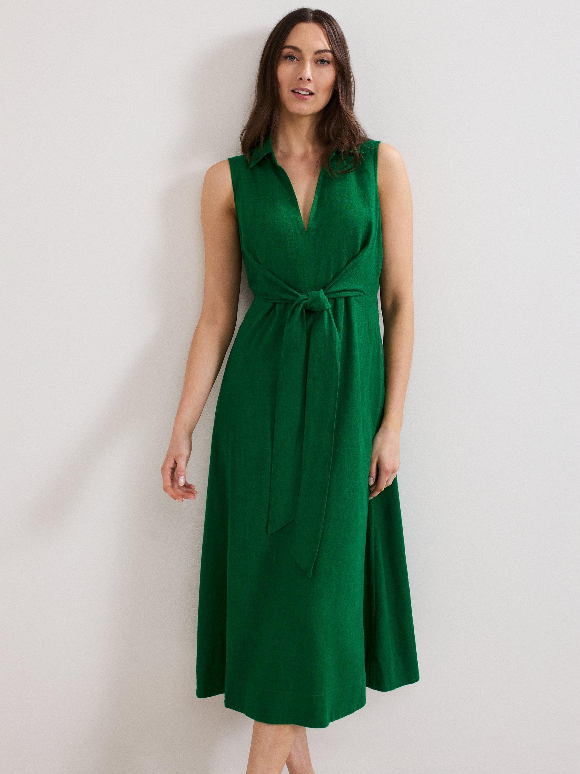 Product image 3 of 7, which shows Phase Eight Becky Linen Blend Sleeveless Midi Dress, Green, 6