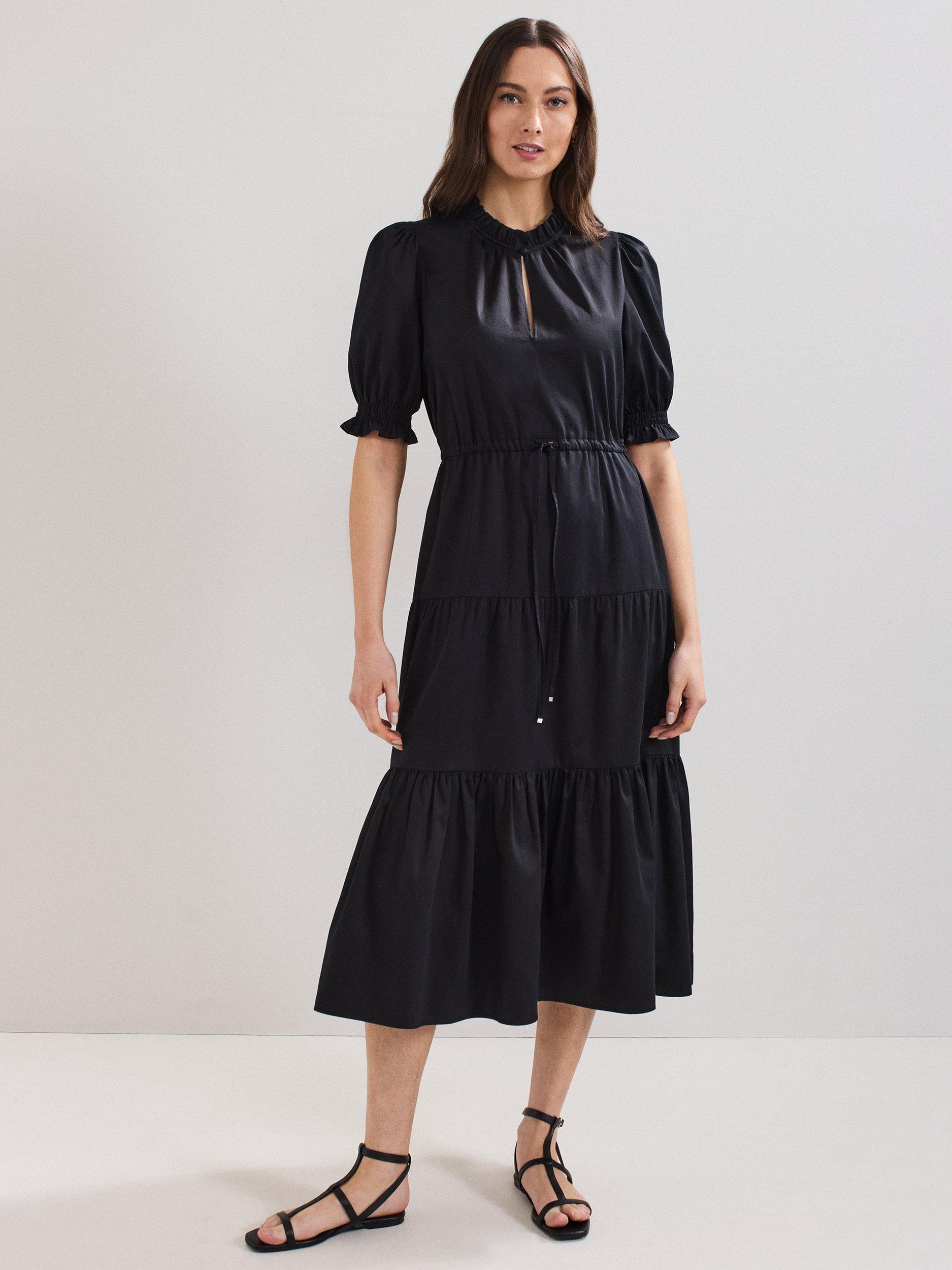 Product image 1 of 10, which shows Phase Eight Jen Cotton Tiered Midi Dress, Black, 6