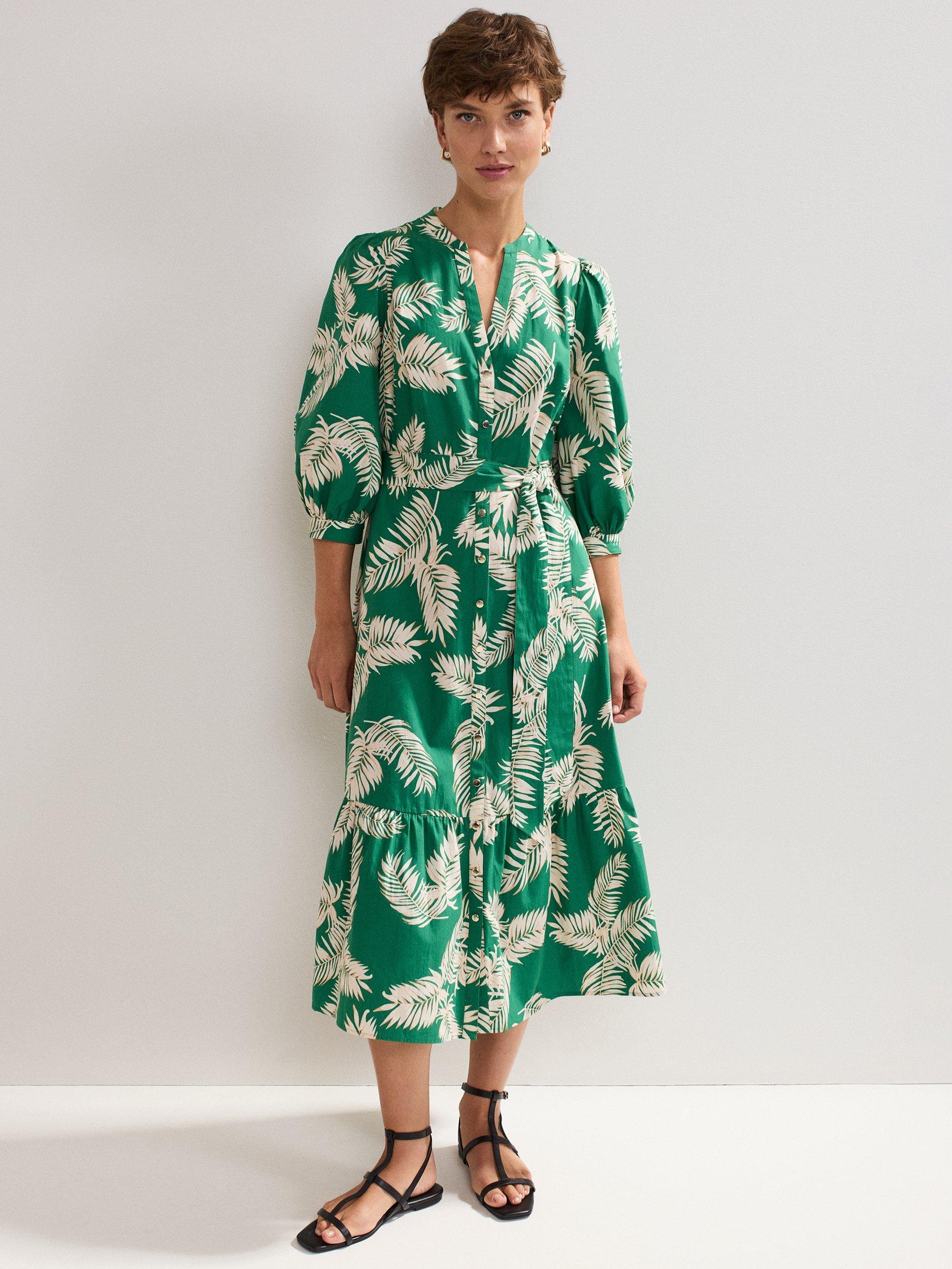 Product image 1 of 8, which shows Phase Eight Louisa Palm Print Cotton Midi Dress, Green, 8