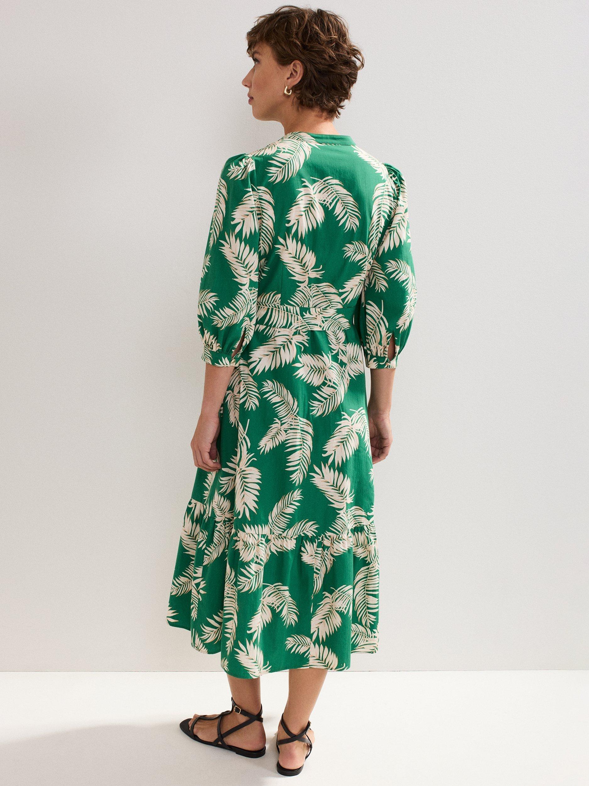 Product image 2 of 8, which shows Phase Eight Louisa Palm Print Cotton Midi Dress, Green, 8