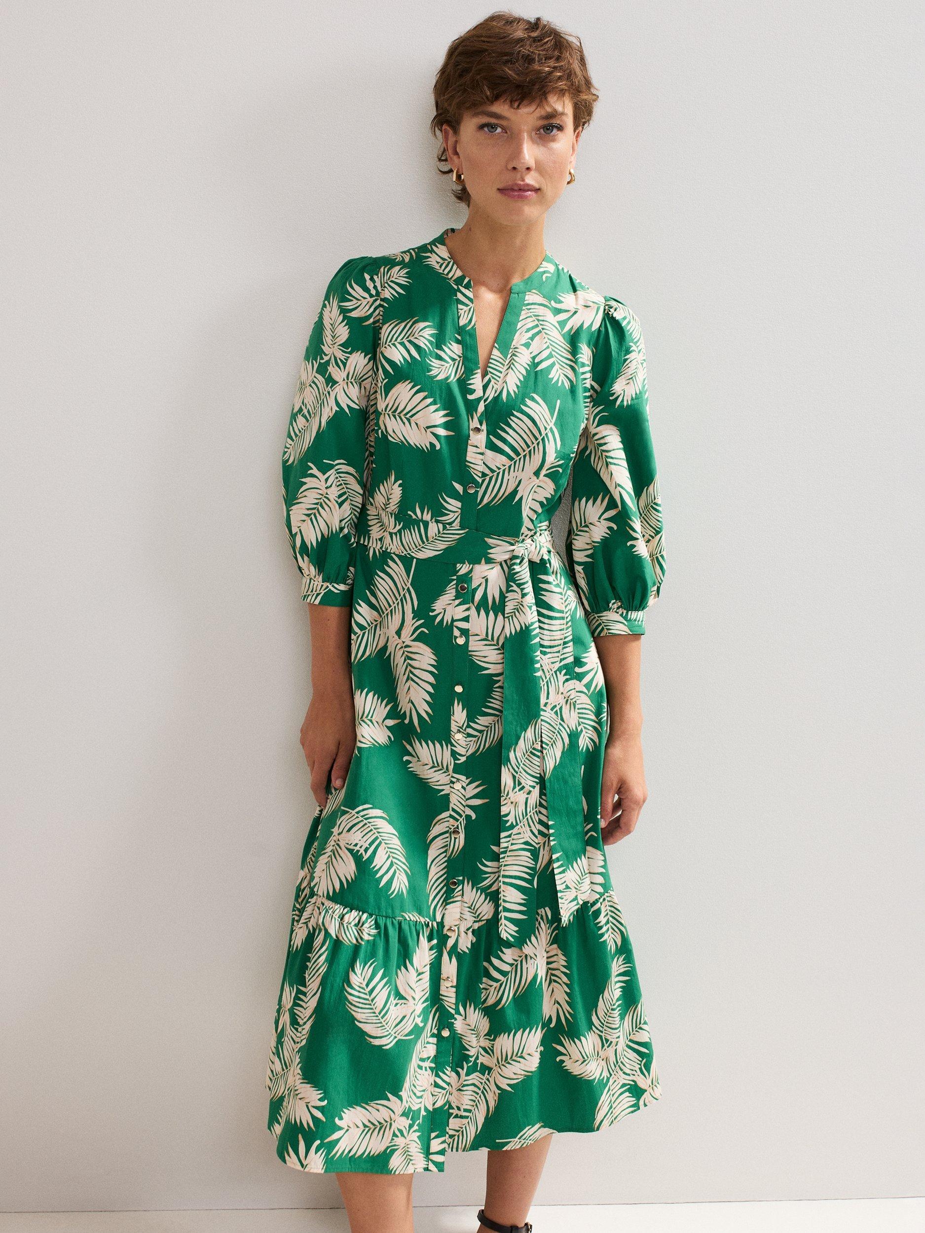 Product image 3 of 8, which shows Phase Eight Louisa Palm Print Cotton Midi Dress, Green, 8