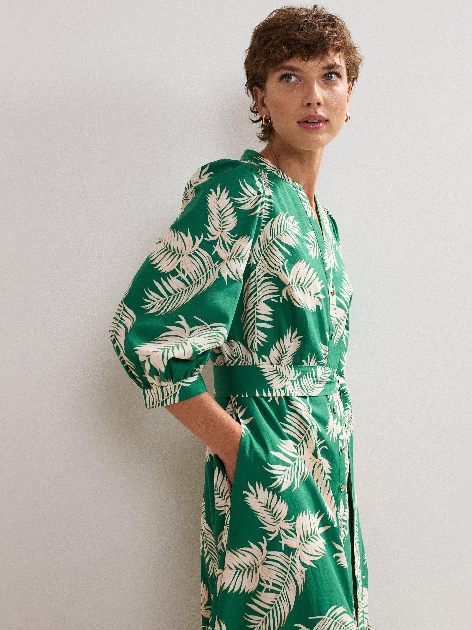 Product image 4 of 8, which shows Phase Eight Louisa Palm Print Cotton Midi Dress, Green, 8