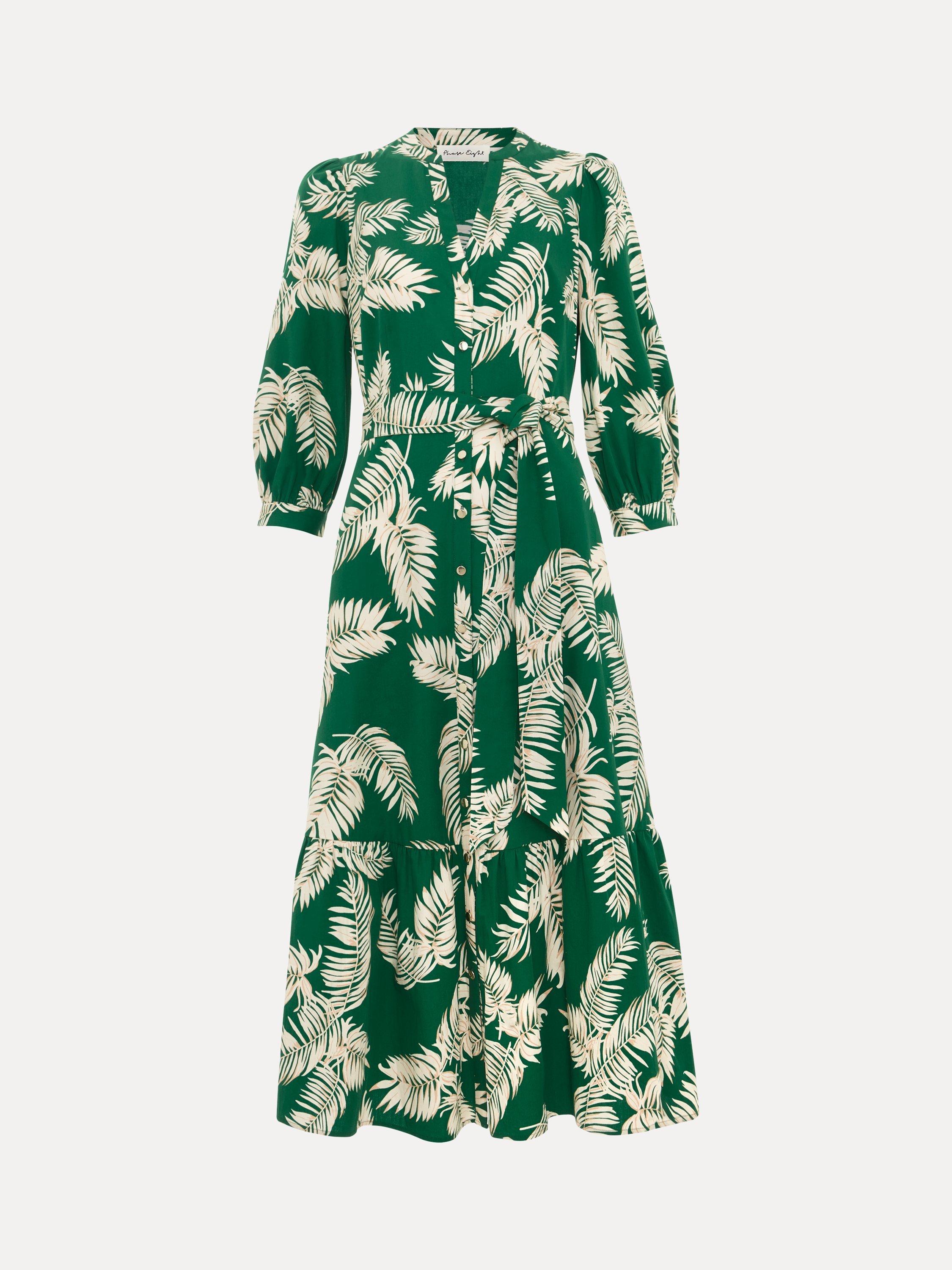 Product image 5 of 8, which shows Phase Eight Louisa Palm Print Cotton Midi Dress, Green, 8