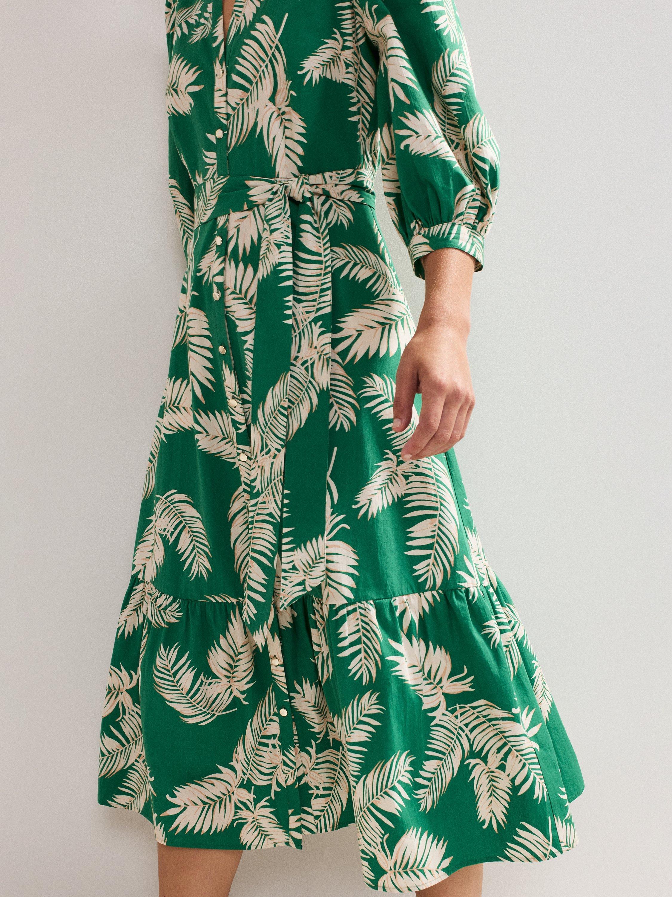 Product image 7 of 8, which shows Phase Eight Louisa Palm Print Cotton Midi Dress, Green, 8