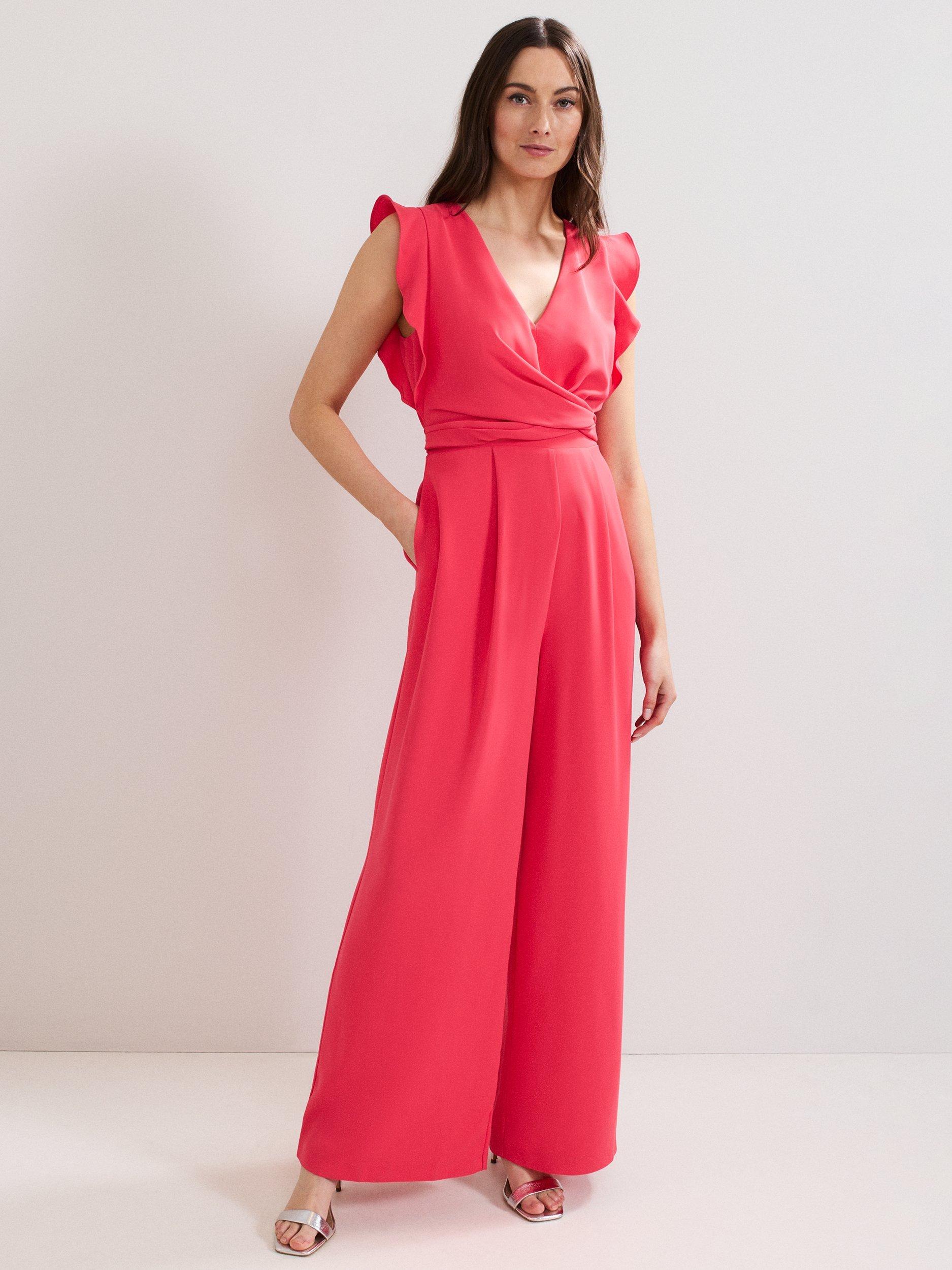 Product image 1 of 7, which shows Phase Eight Ayla Wide Leg Ruffle Jumpsuit, Pink, 6