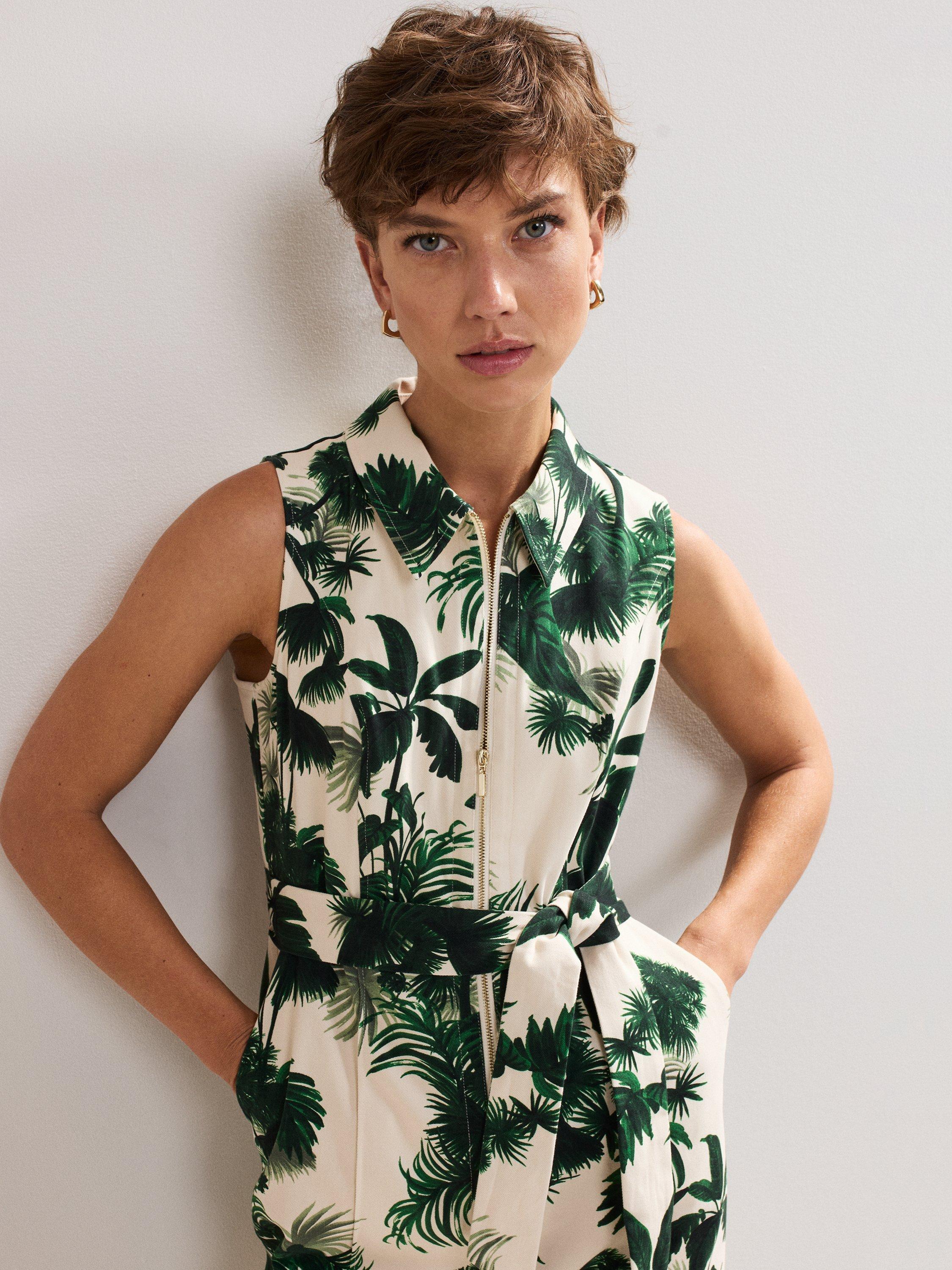 Product image 4 of 8, which shows Phase Eight Tullisa Denim Palm Print Jumpsuit, Cream, 6