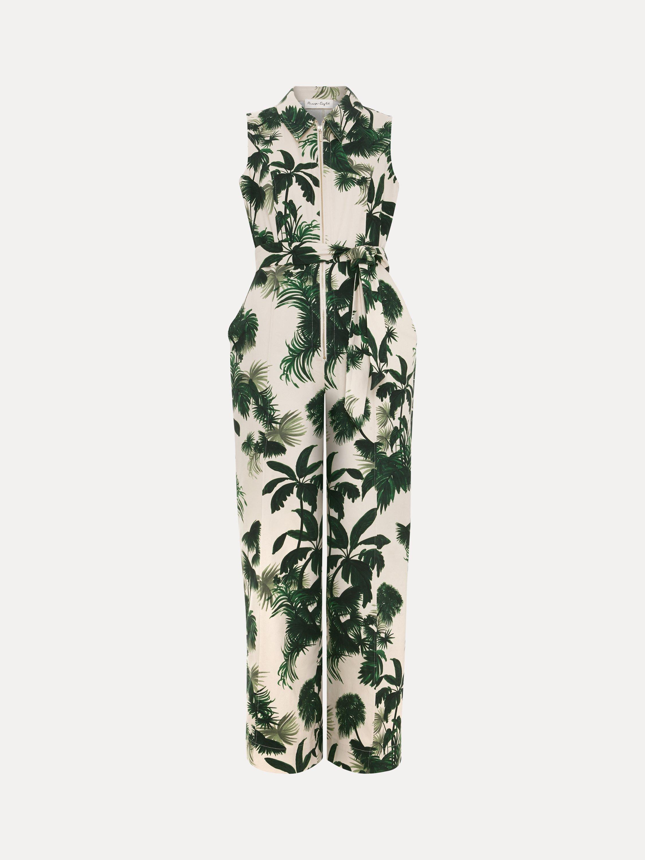 Product image 5 of 8, which shows Phase Eight Tullisa Denim Palm Print Jumpsuit, Cream, 6