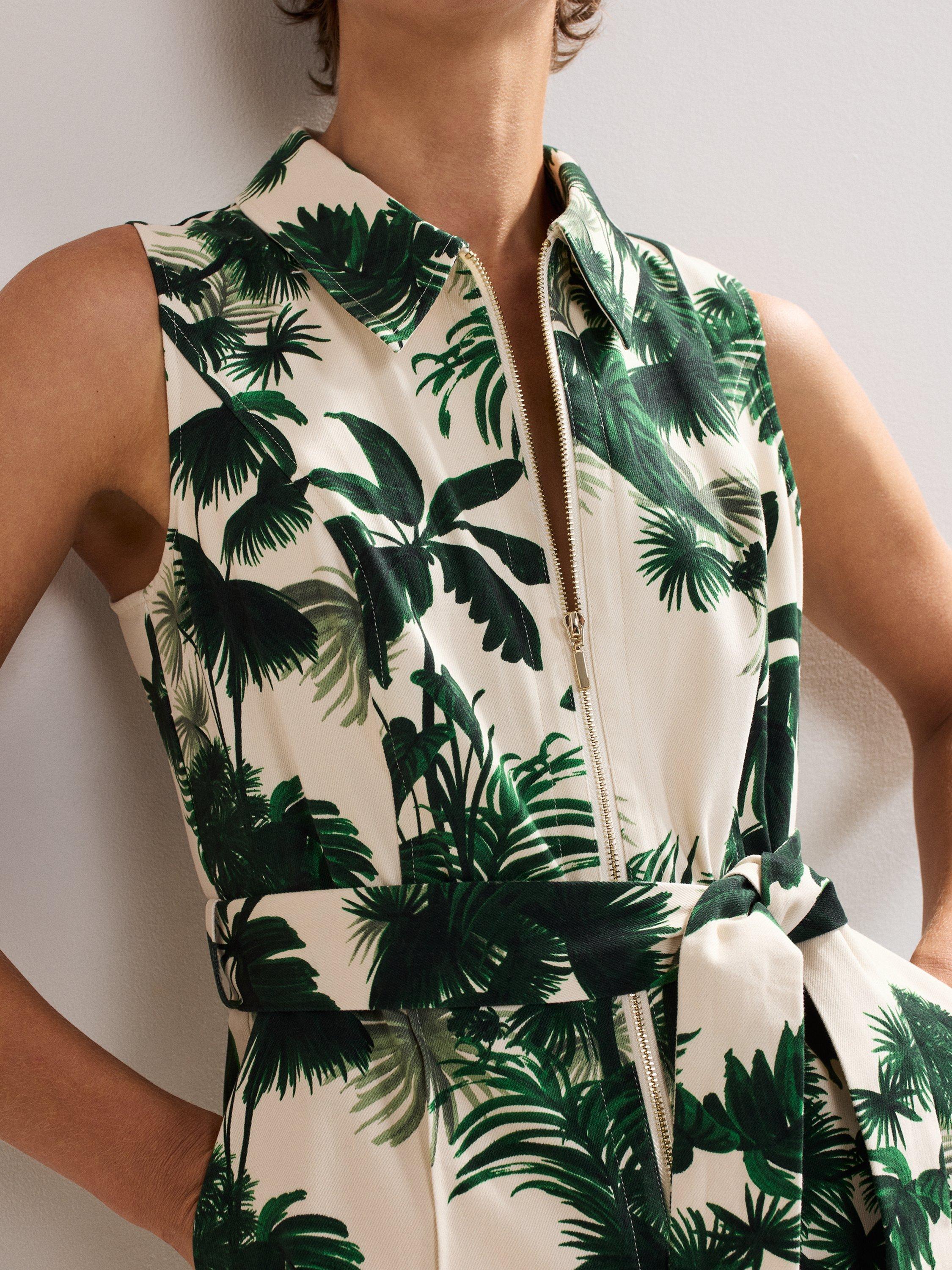 Product image 7 of 8, which shows Phase Eight Tullisa Denim Palm Print Jumpsuit, Cream, 6