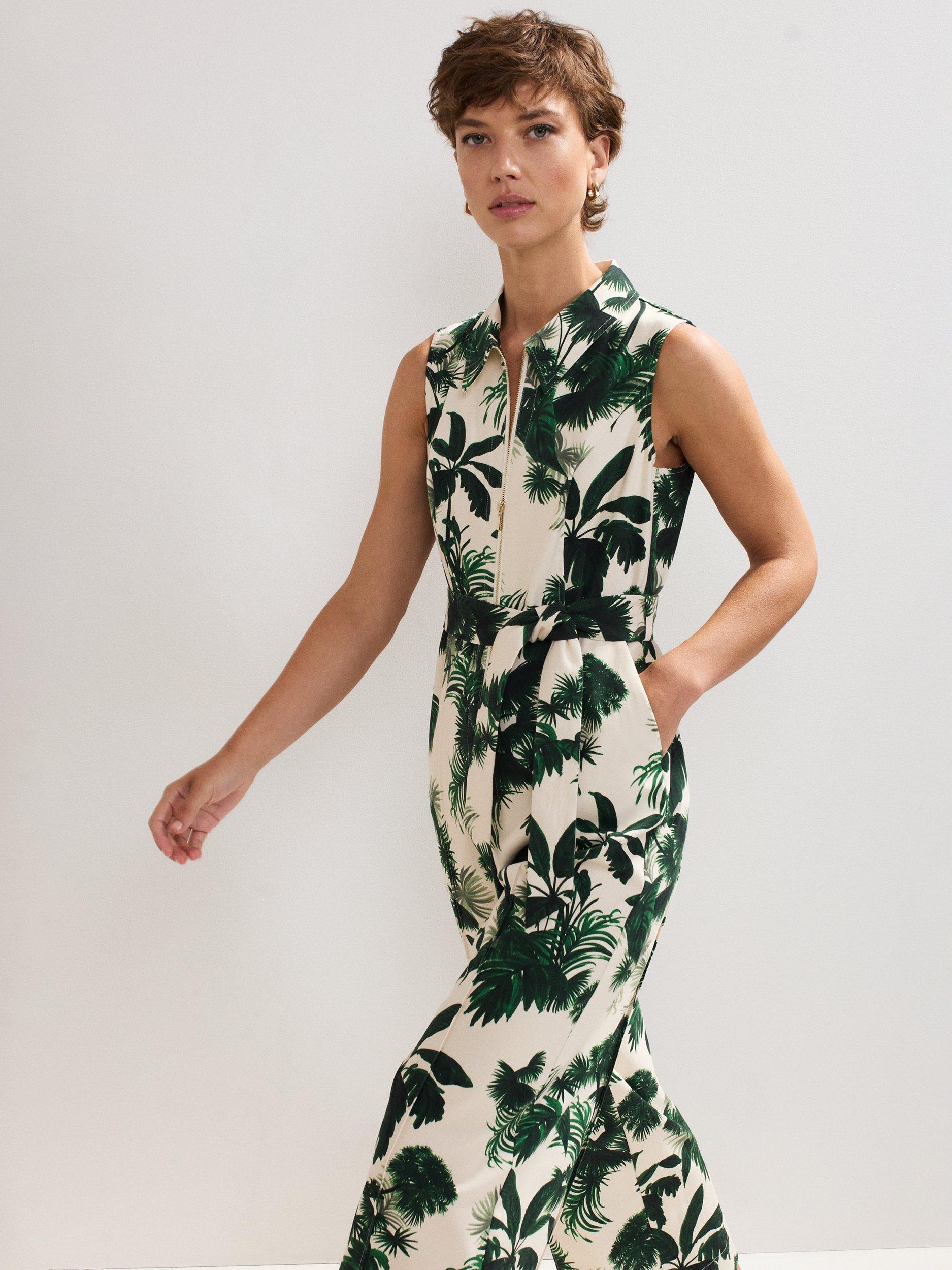 Product image 8 of 8, which shows Phase Eight Tullisa Denim Palm Print Jumpsuit, Cream, 6