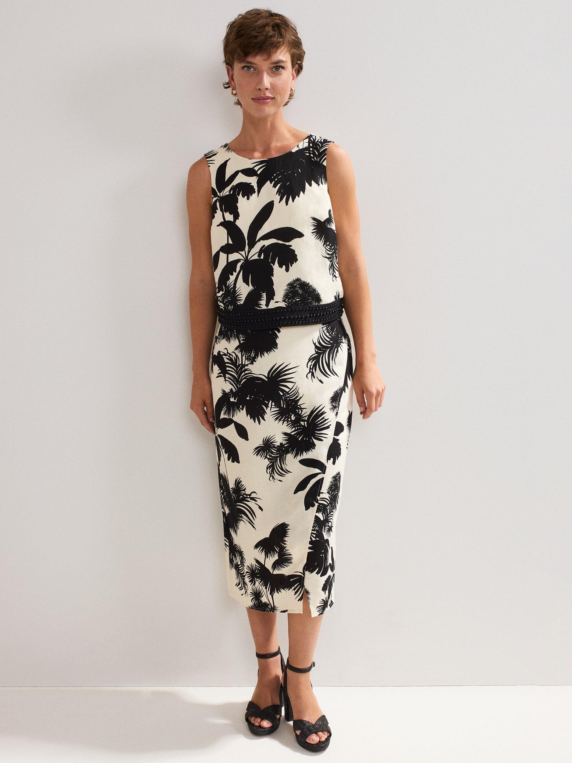 Product image 3 of 8, which shows Phase Eight Vittoria Linen Blend Leaf Print Skirt, Black/Ivory, 8
