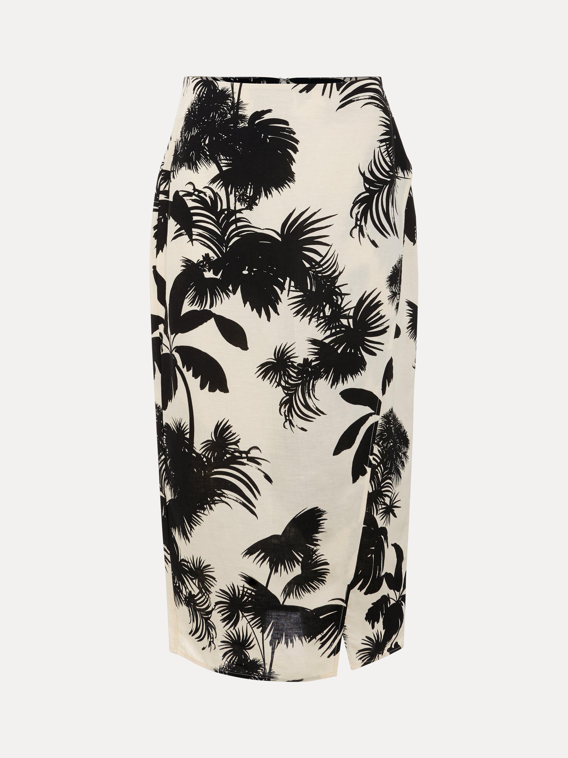 Product image 5 of 8, which shows Phase Eight Vittoria Linen Blend Leaf Print Skirt, Black/Ivory, 8