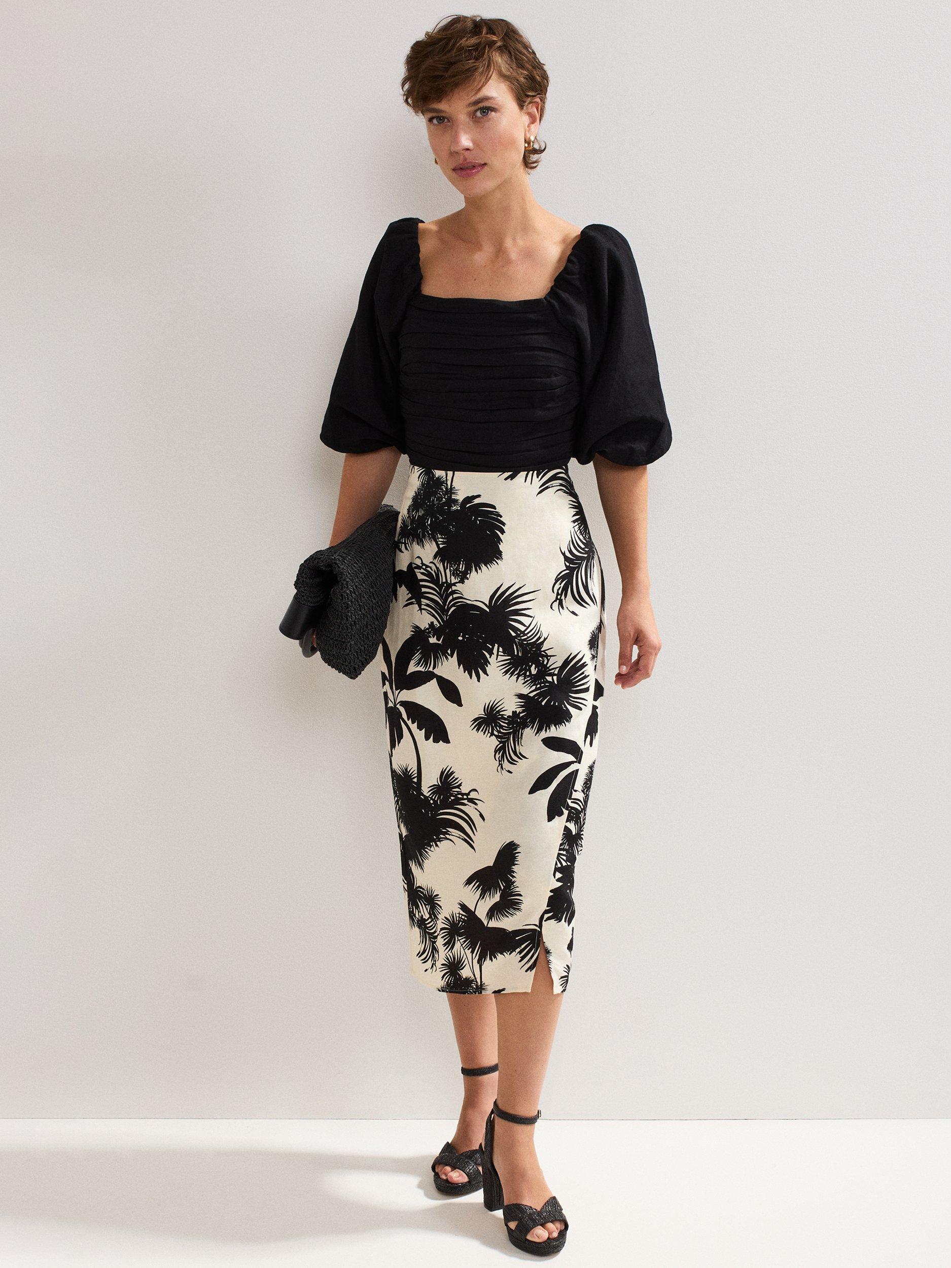 Product image 7 of 8, which shows Phase Eight Vittoria Linen Blend Leaf Print Skirt, Black/Ivory, 8