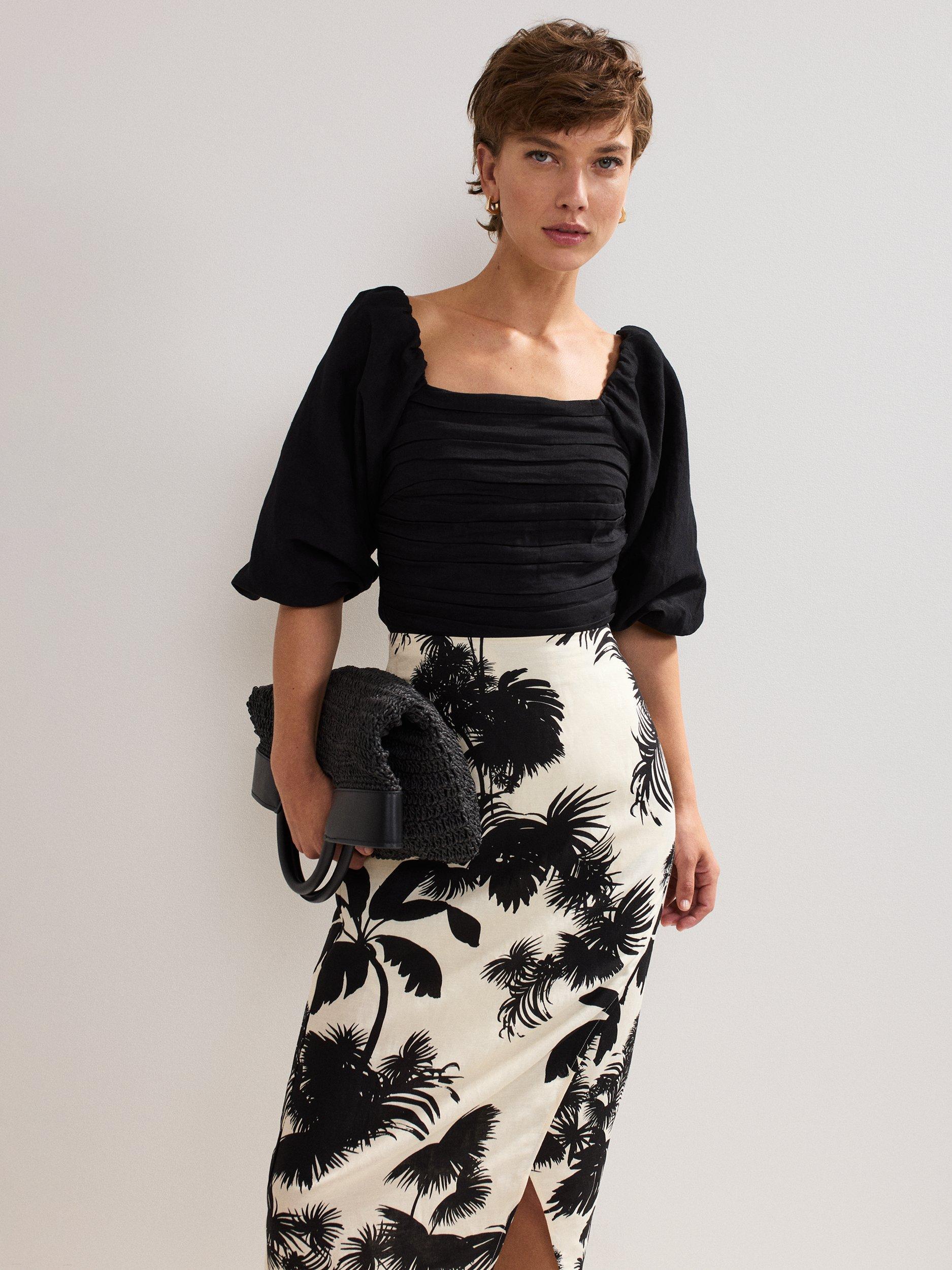 Product image 8 of 8, which shows Phase Eight Vittoria Linen Blend Leaf Print Skirt, Black/Ivory, 8