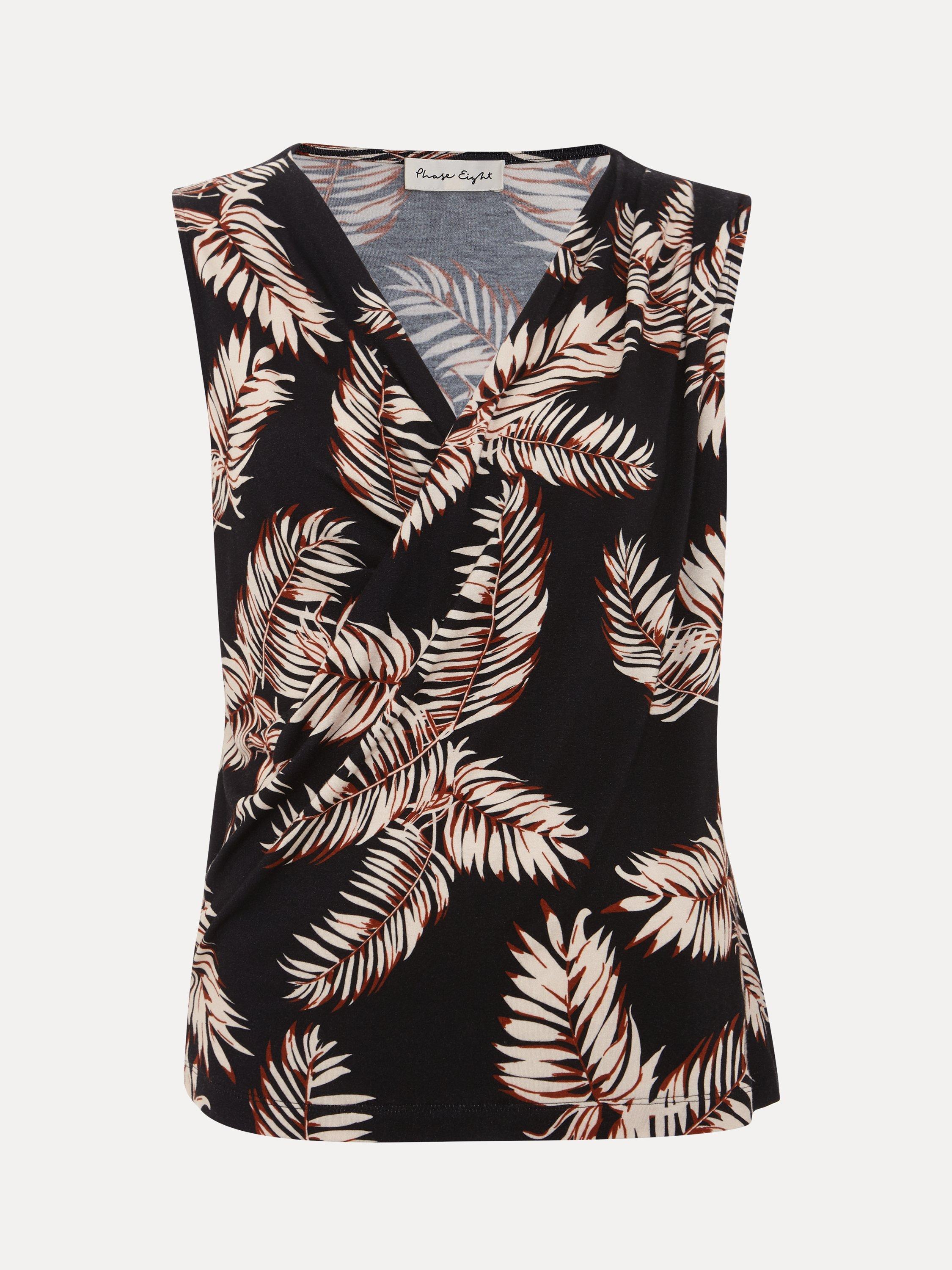 Product image 5 of 8, which shows Phase Eight Sutton Wrap Front Leaf Print Top, Black, 8