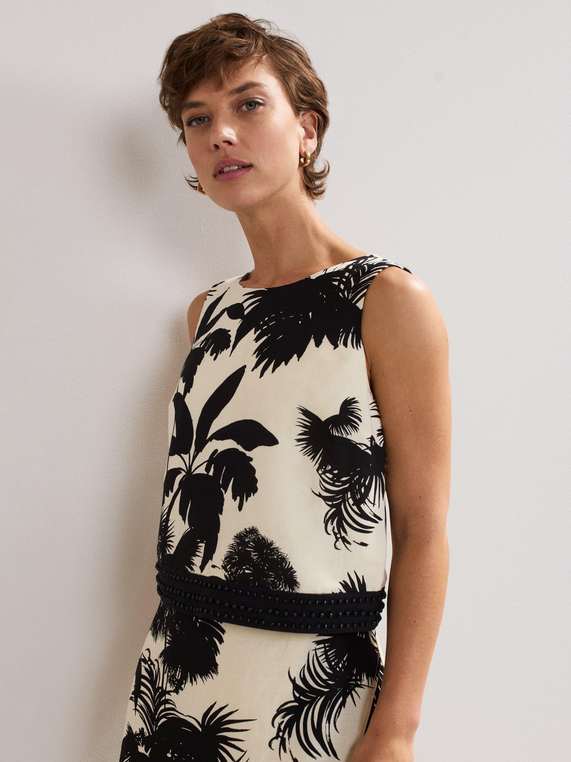 Product image 1 of 7, which shows Phase Eight Linen Blend Leaf Print Vittoria Top, Black/Ivory, 8
