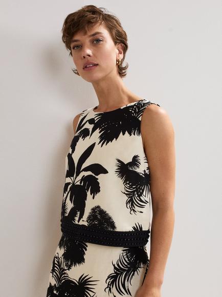 Phase Eight Linen Blend Leaf Print Vittoria Top, Black/Ivory, Black/Ivory