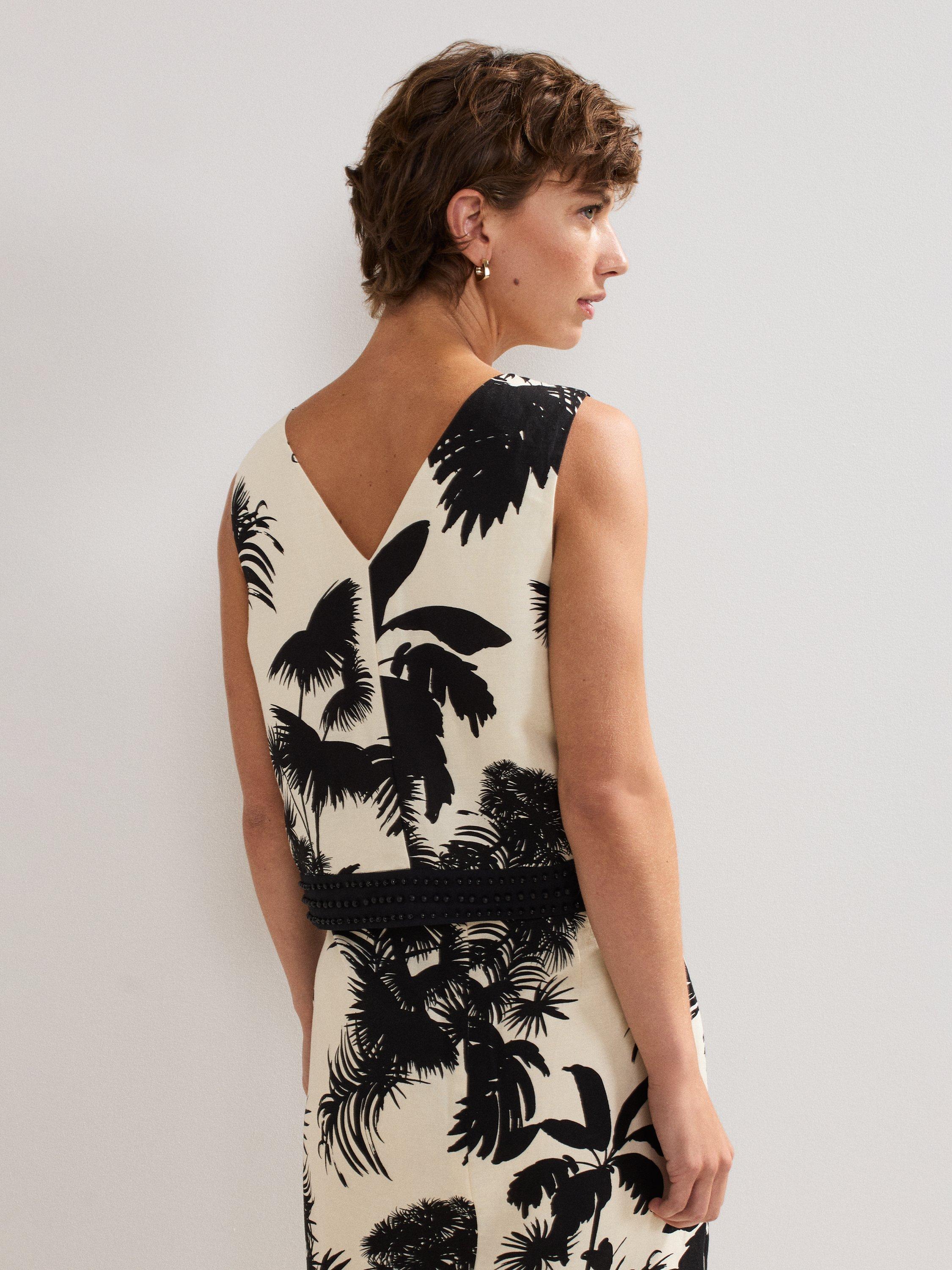 Product image 2 of 7, which shows Phase Eight Linen Blend Leaf Print Vittoria Top, Black/Ivory, 8