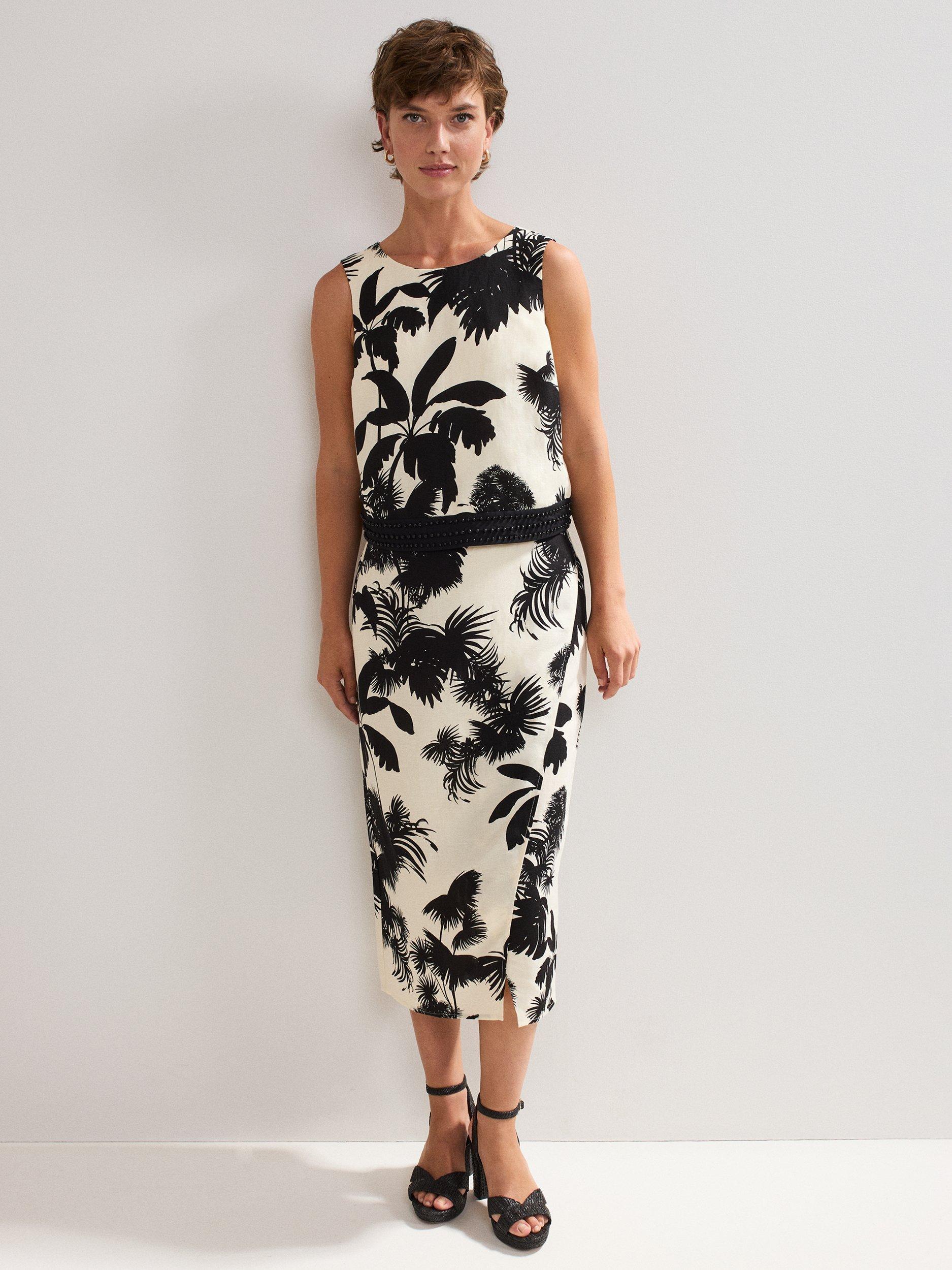 Product image 3 of 7, which shows Phase Eight Linen Blend Leaf Print Vittoria Top, Black/Ivory, 8