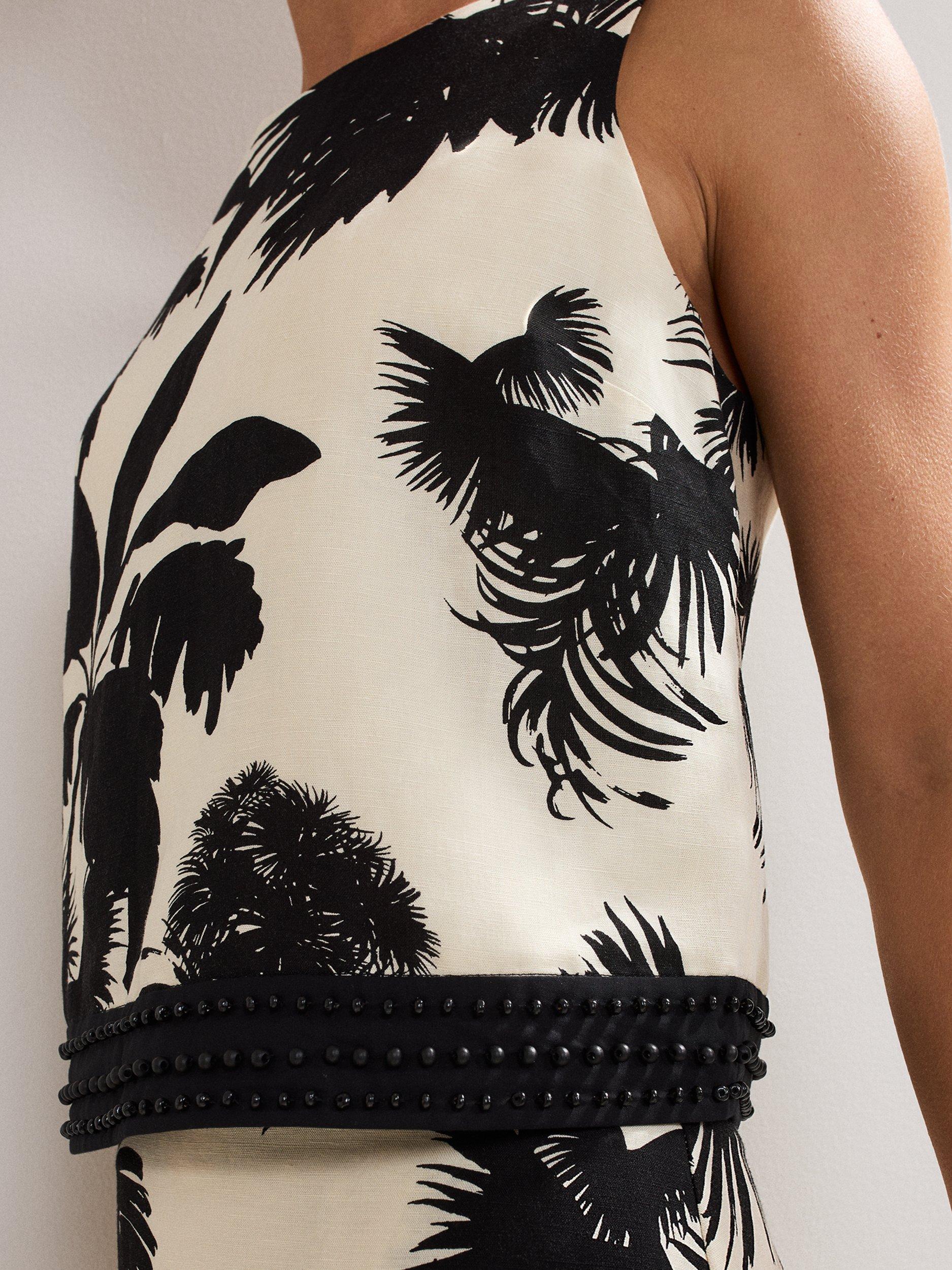 Product image 4 of 7, which shows Phase Eight Linen Blend Leaf Print Vittoria Top, Black/Ivory, 8