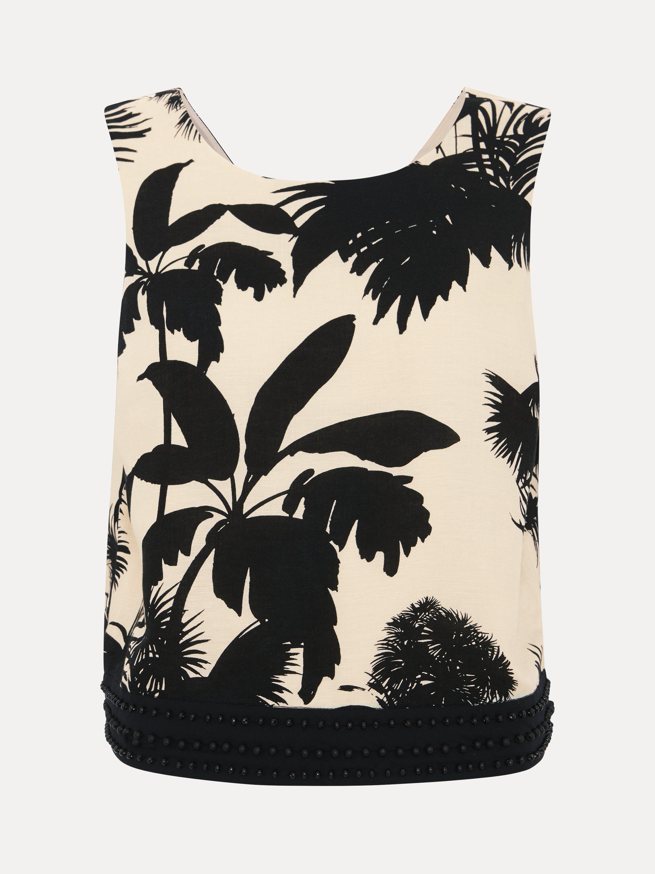 Product image 5 of 7, which shows Phase Eight Linen Blend Leaf Print Vittoria Top, Black/Ivory, 8