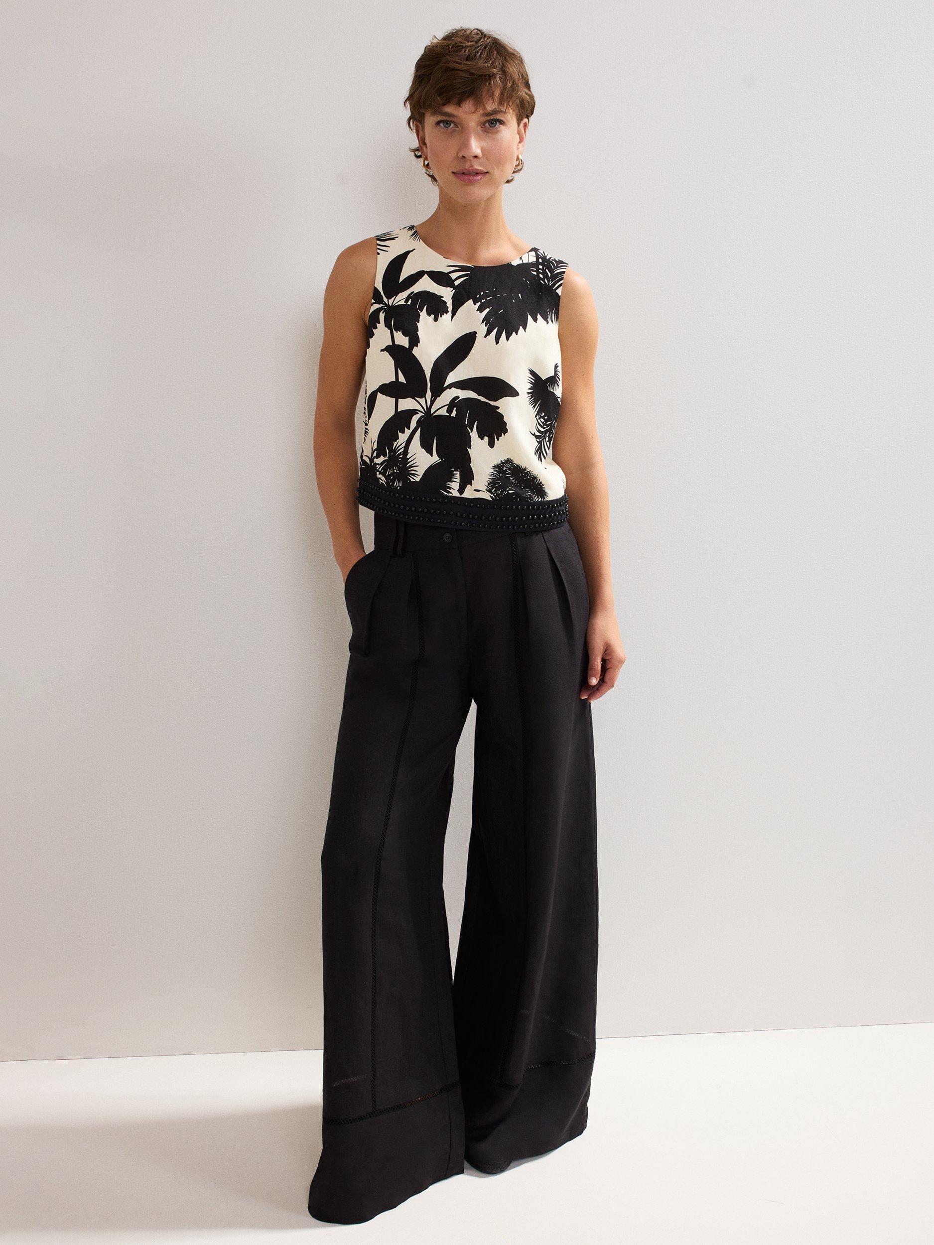 Product image 7 of 7, which shows Phase Eight Linen Blend Leaf Print Vittoria Top, Black/Ivory, 8