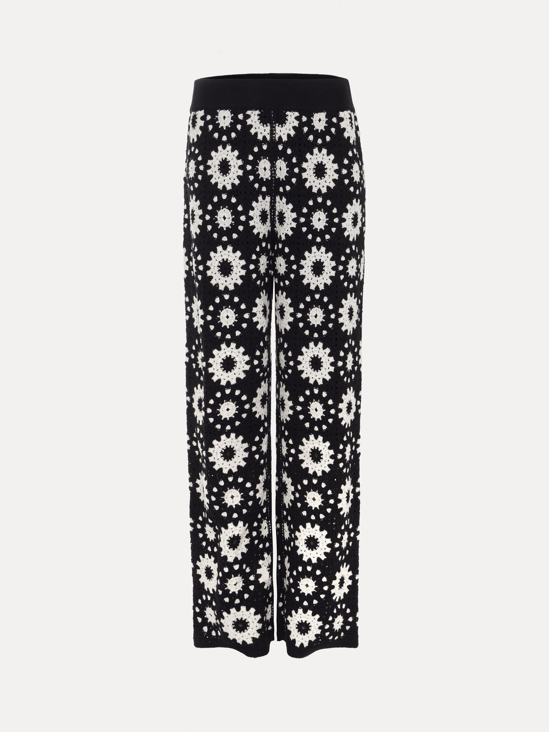 Product image 5 of 7, which shows Phase Eight Maggie Crochet Knit Trousers, Black/Ivory, S