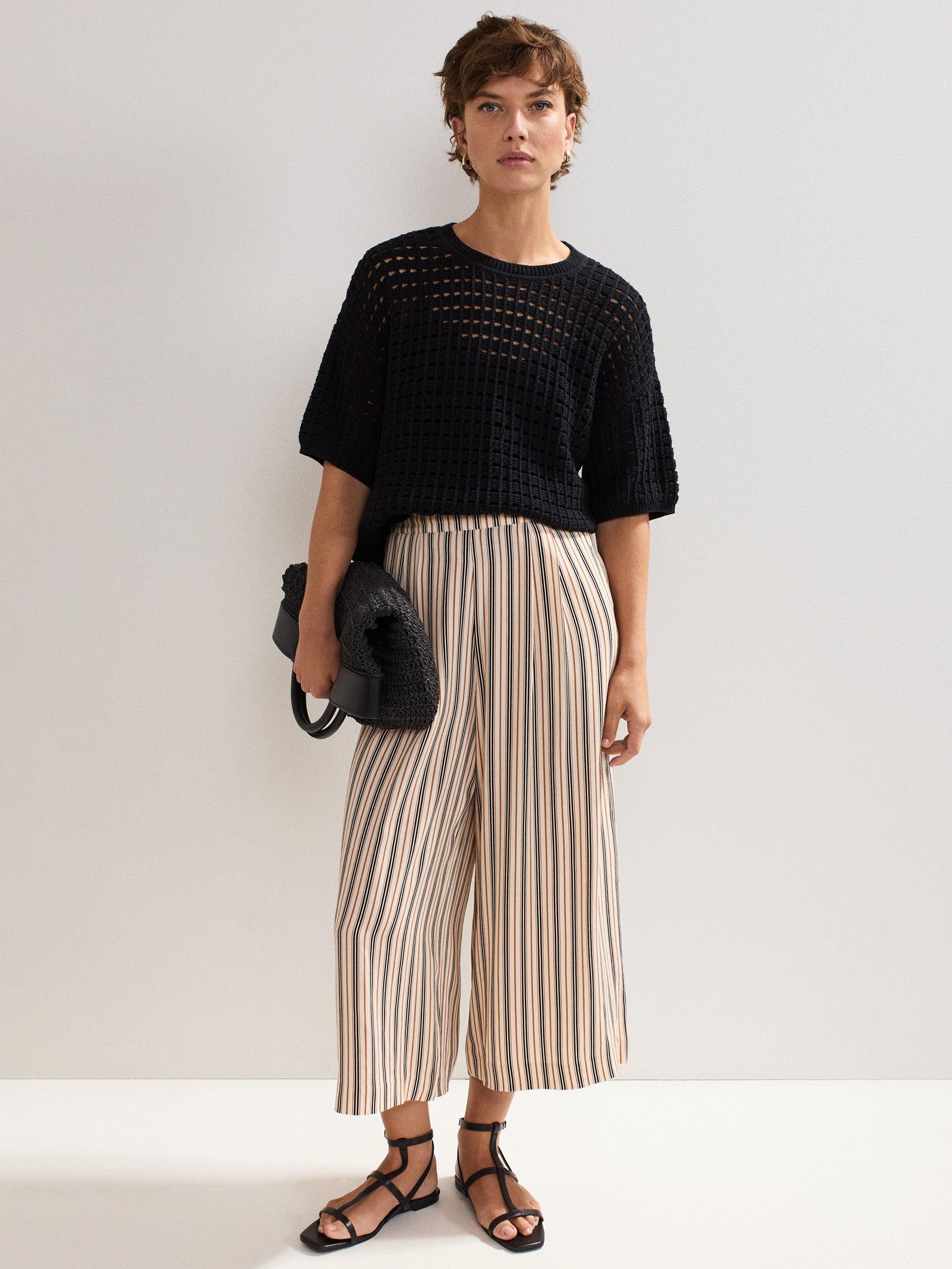 Product image 3 of 7, which shows Phase Eight Malaya Stripe Print Culotte Trousers, Black/Ivory, 8