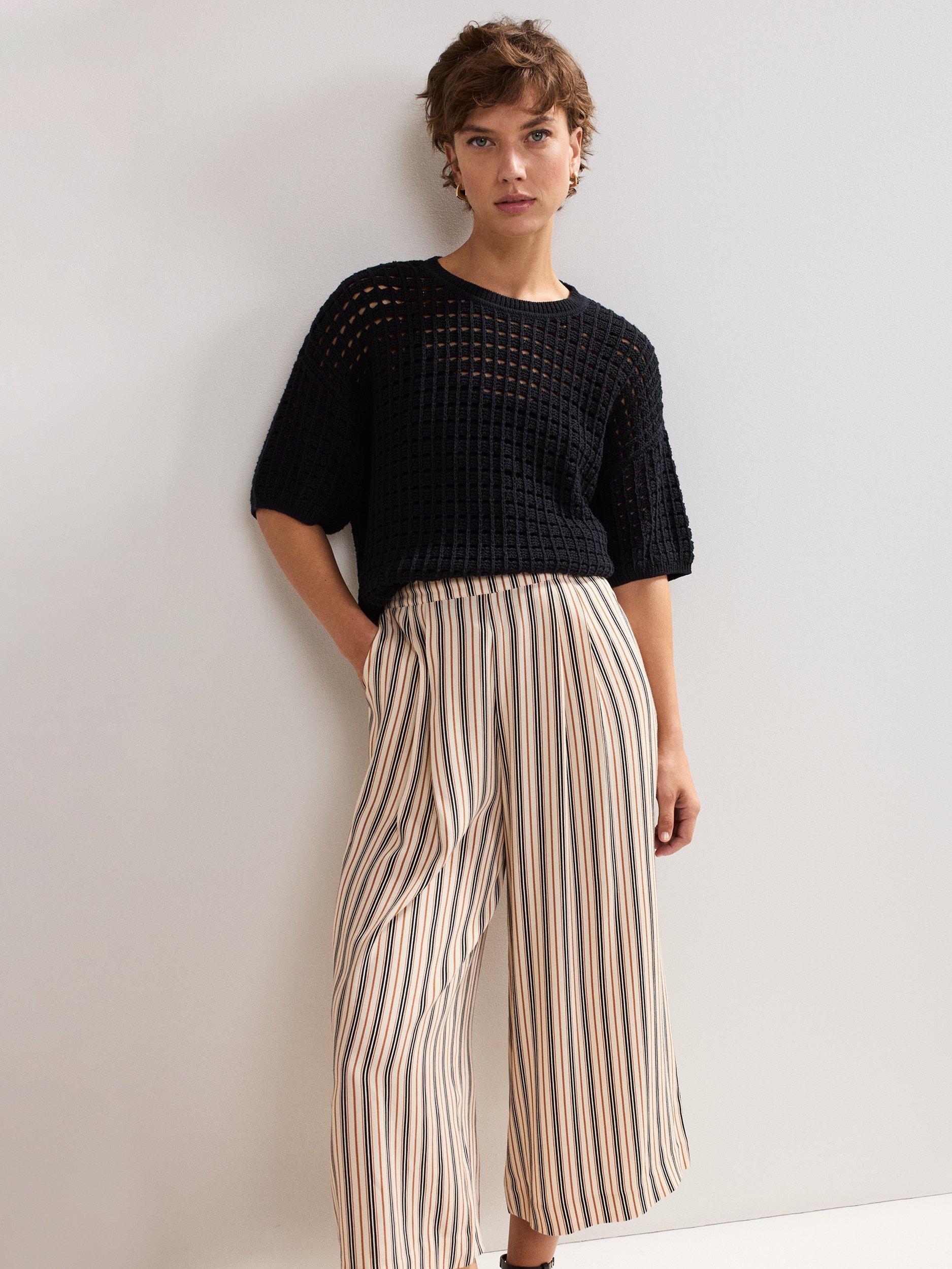 Product image 7 of 7, which shows Phase Eight Malaya Stripe Print Culotte Trousers, Black/Ivory, 8