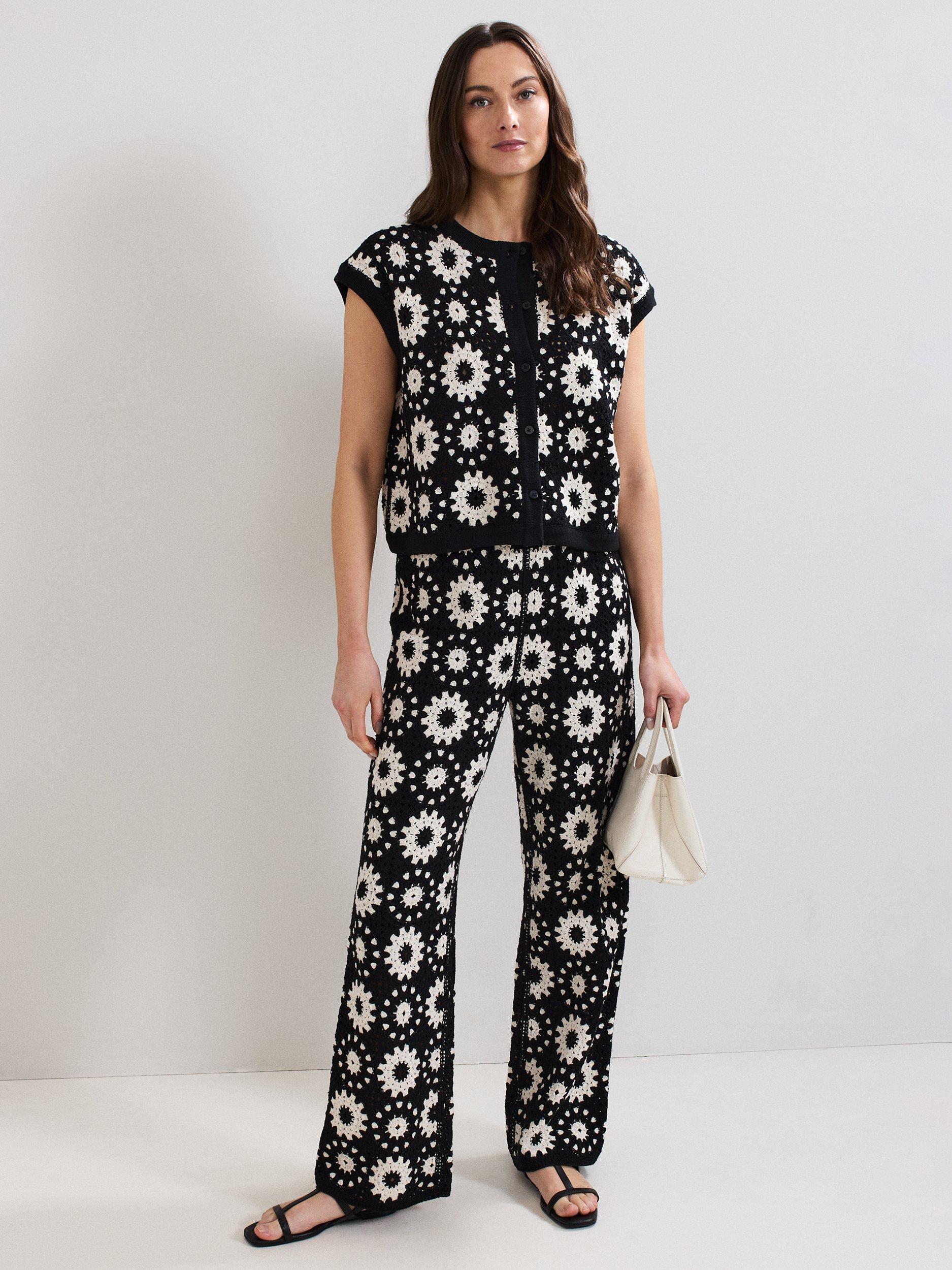 Product image 3 of 9, which shows Phase Eight Maggie Floral Crochet Waistcoat, Black/Ivory, S
