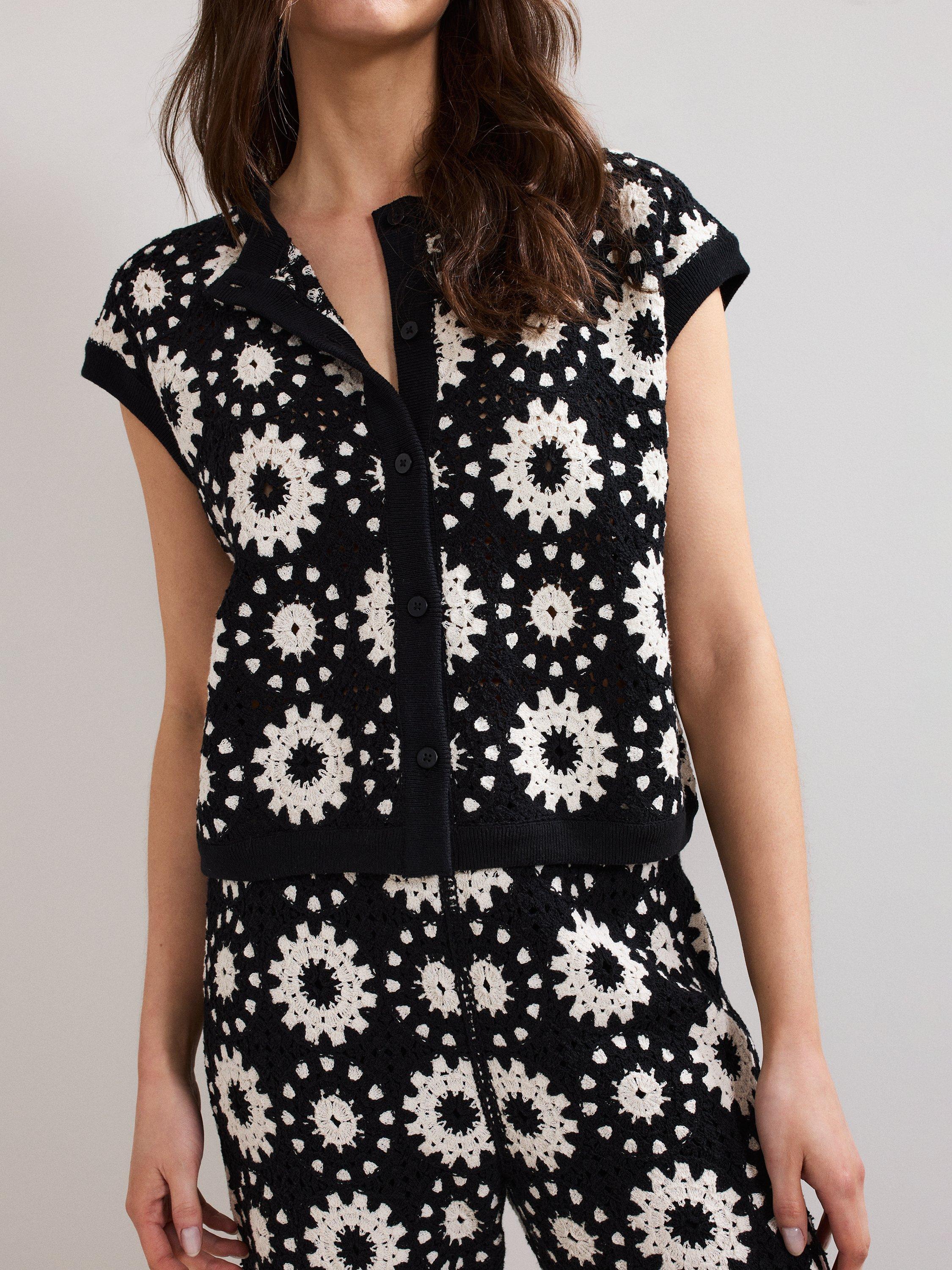 Product image 4 of 9, which shows Phase Eight Maggie Floral Crochet Waistcoat, Black/Ivory, S