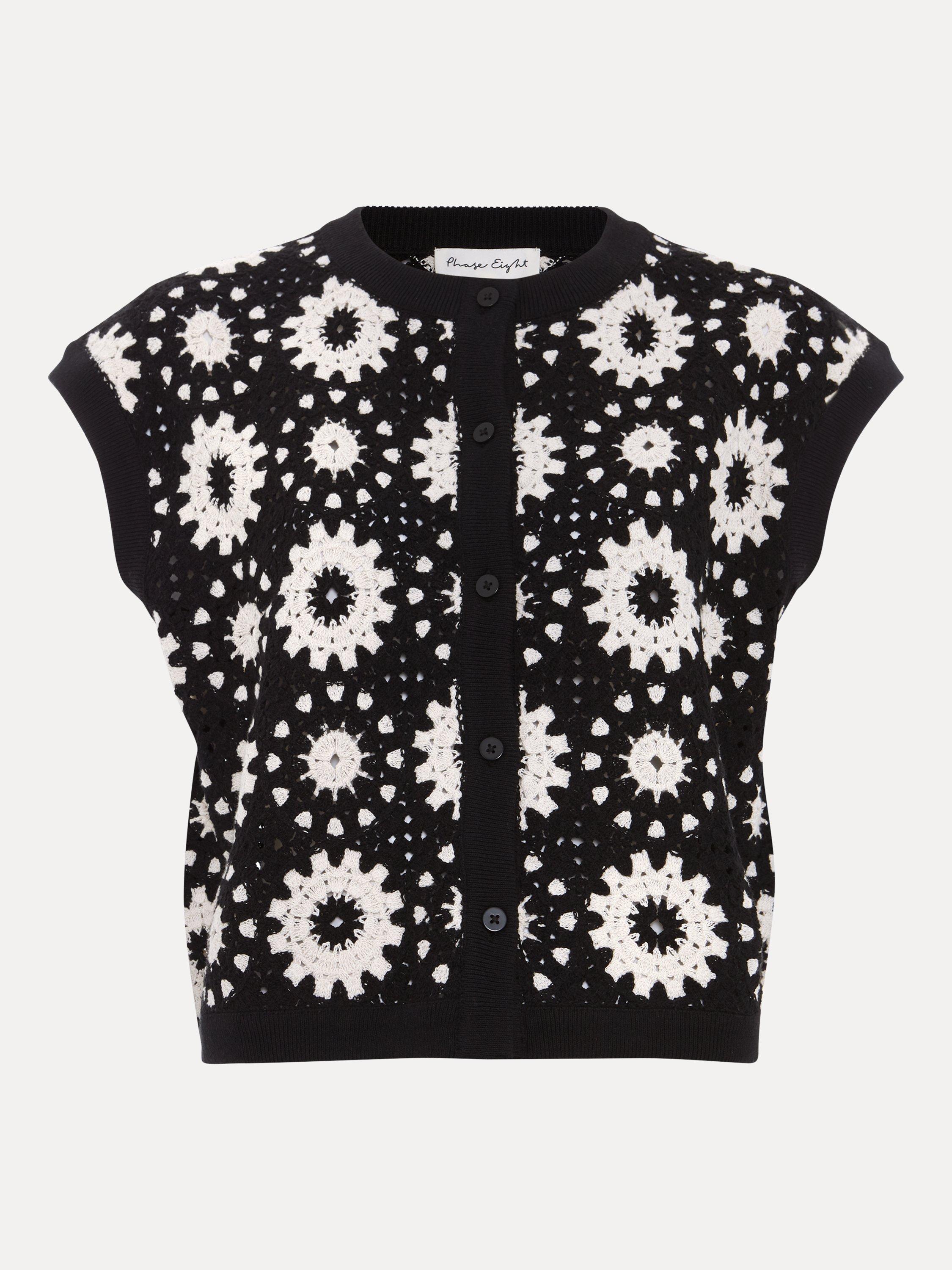 Product image 5 of 9, which shows Phase Eight Maggie Floral Crochet Waistcoat, Black/Ivory, S