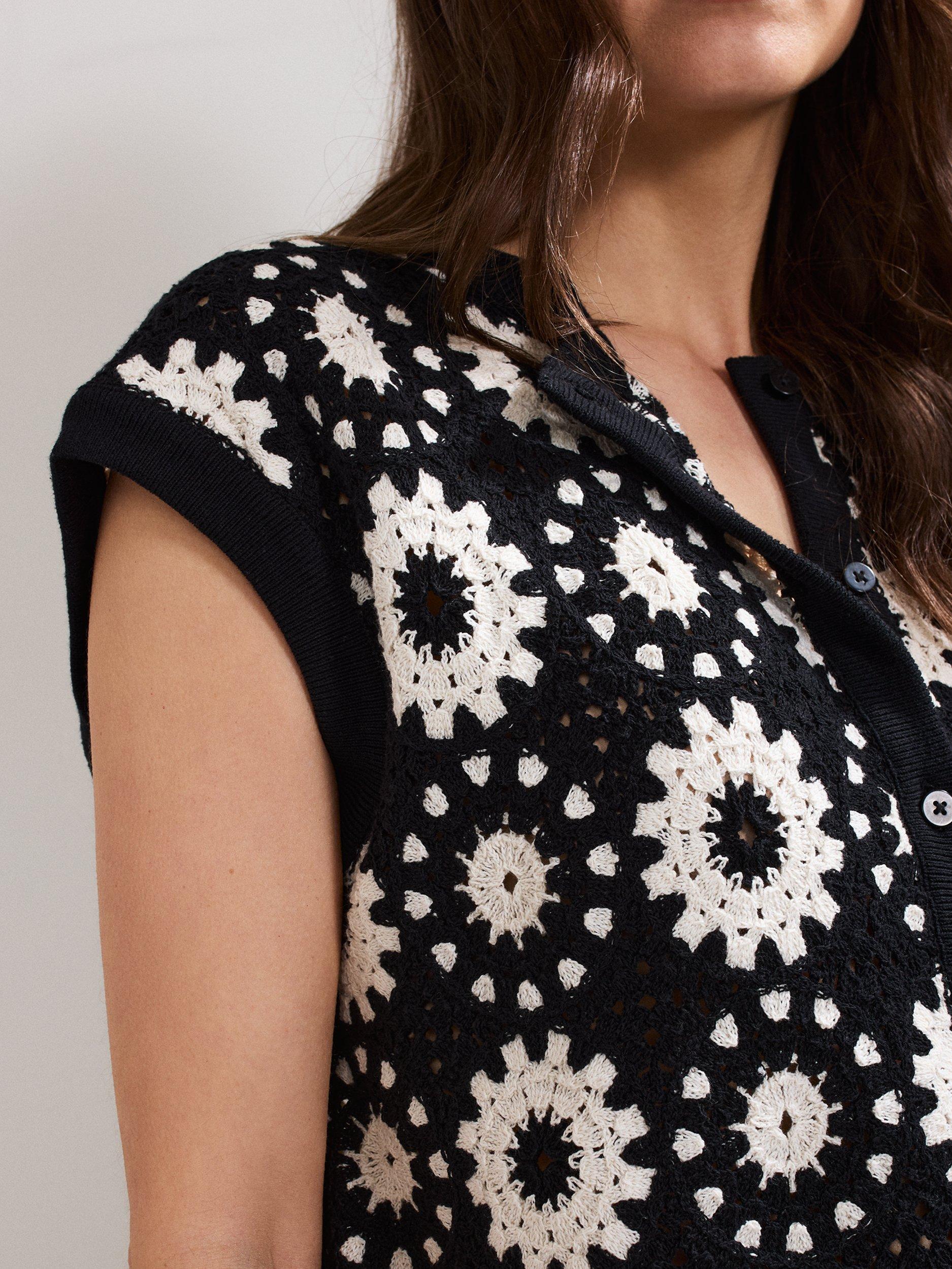 Product image 7 of 9, which shows Phase Eight Maggie Floral Crochet Waistcoat, Black/Ivory, S