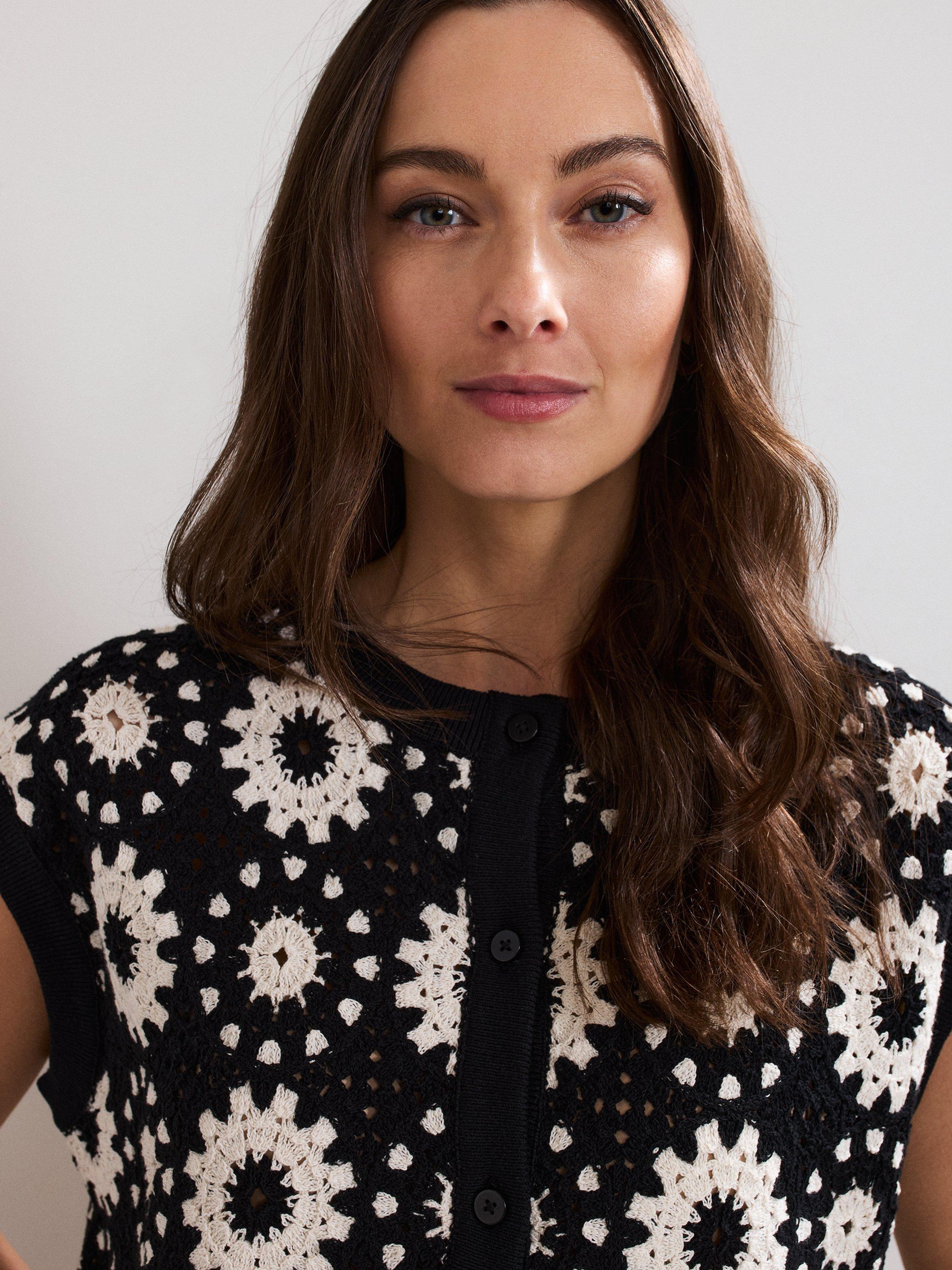 Product image 8 of 9, which shows Phase Eight Maggie Floral Crochet Waistcoat, Black/Ivory, S